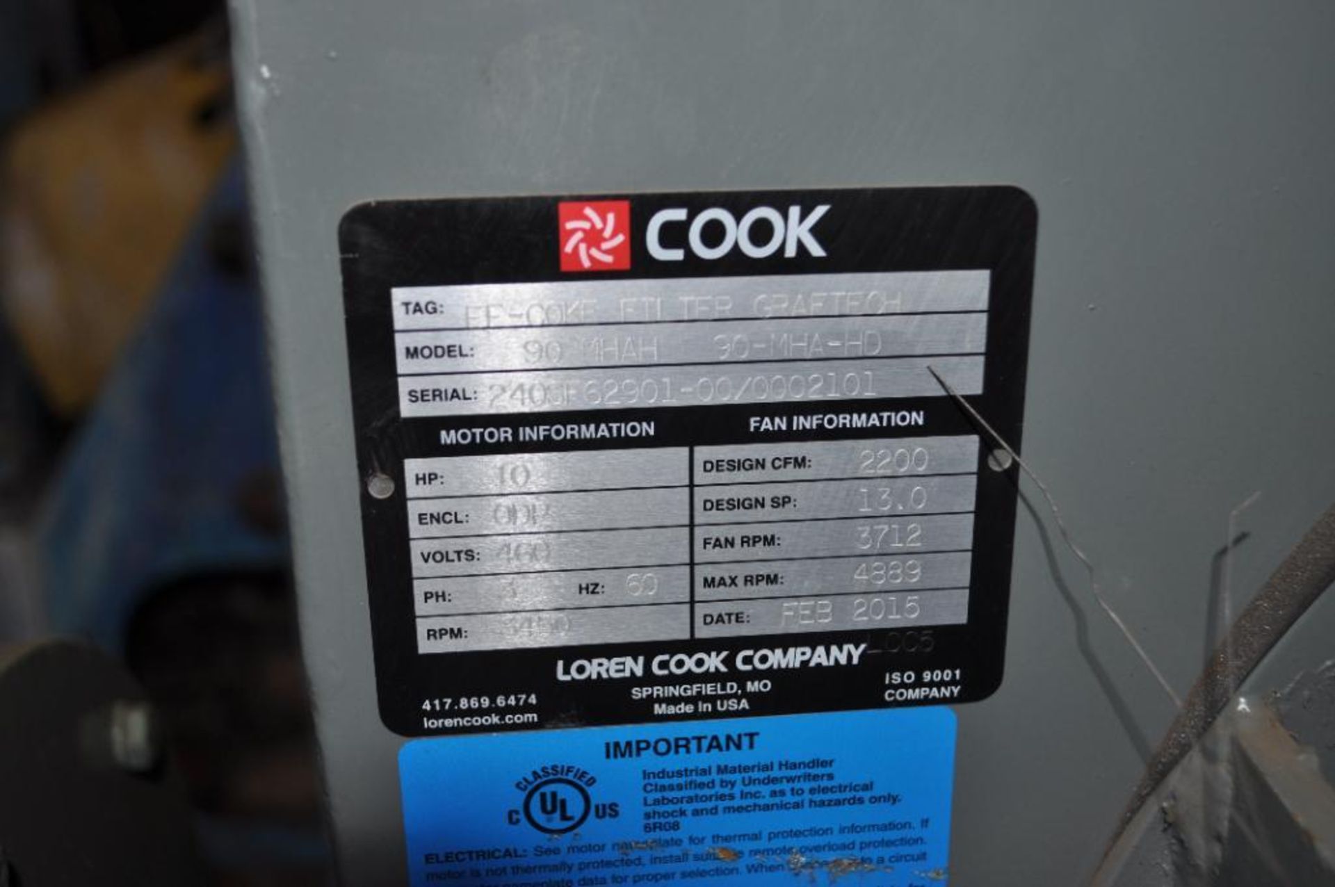 COOK BLOWER, MODEL: 90MHAH 90-MHA-HD, W/10-HP MOTOR - Image 4 of 4