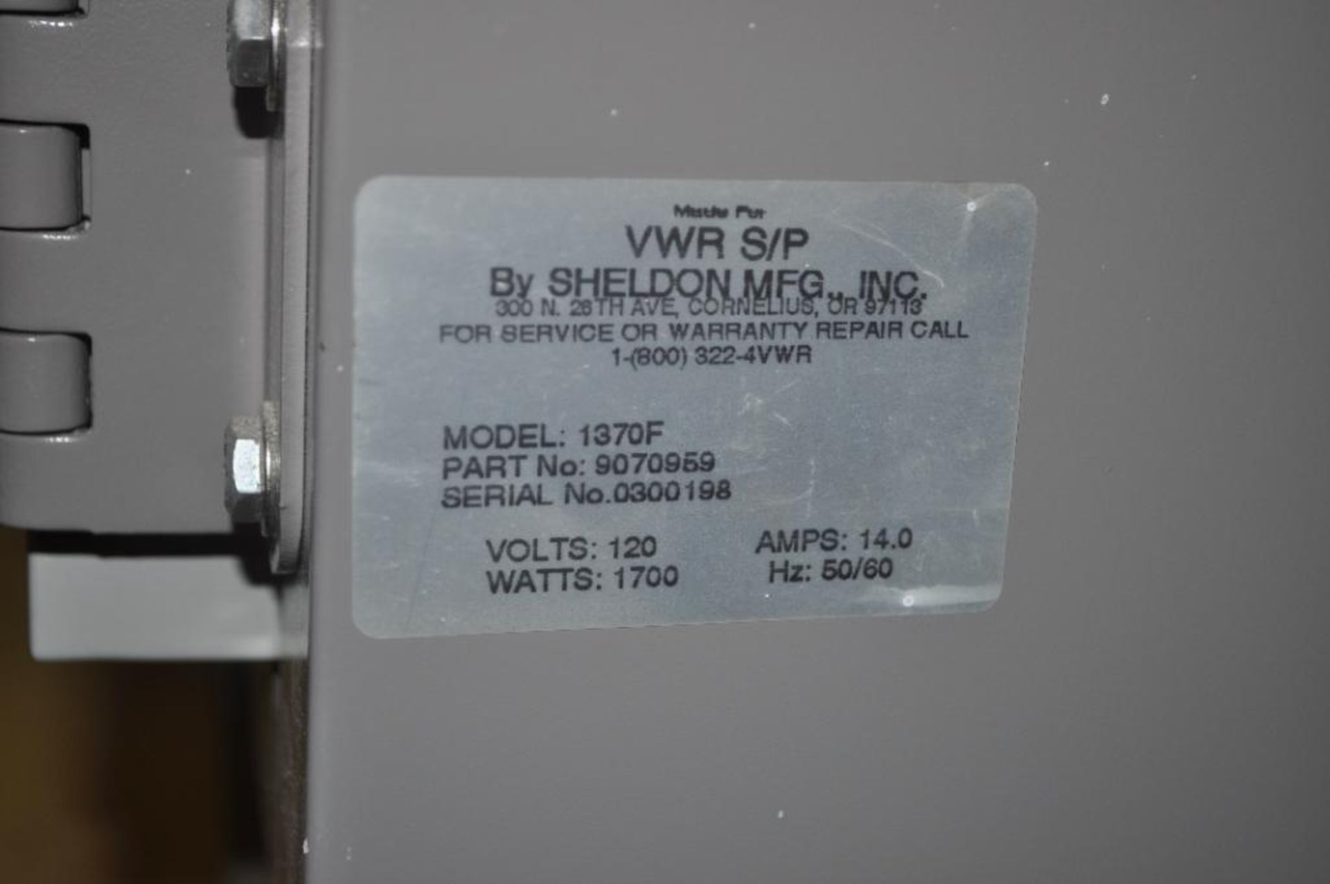 VWR SCIENTIFIC PRODUCTS FORCED AIR OVEN, MODEL: 1370 F, 120 VOLTS - Image 6 of 6