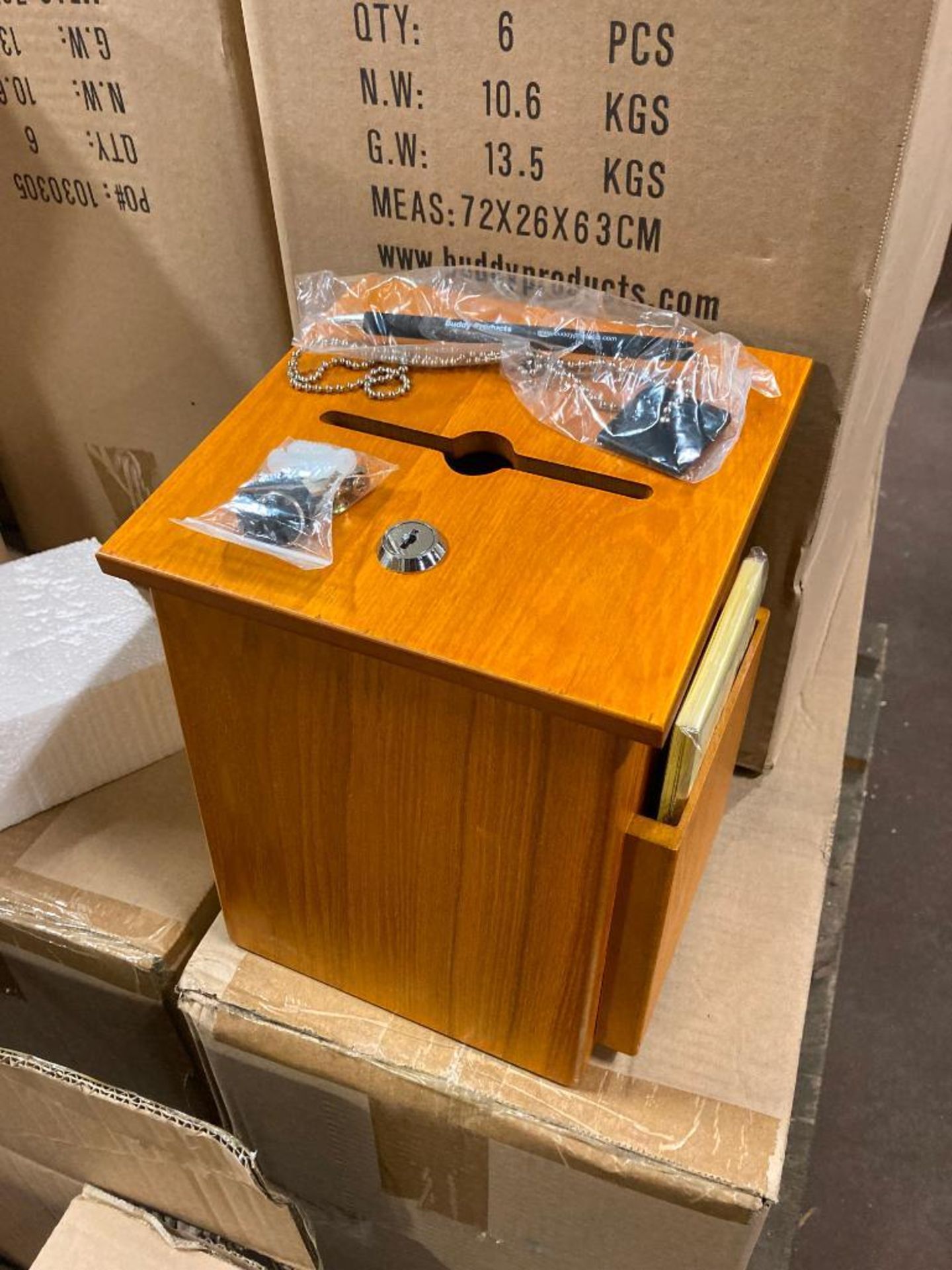 (18) CASES (NEW) OAK WOOD LOCKING SUGGESTION BOXES, CARDS AND ATTACHED CHAIN W/PEN INCLUDED, (6) PER