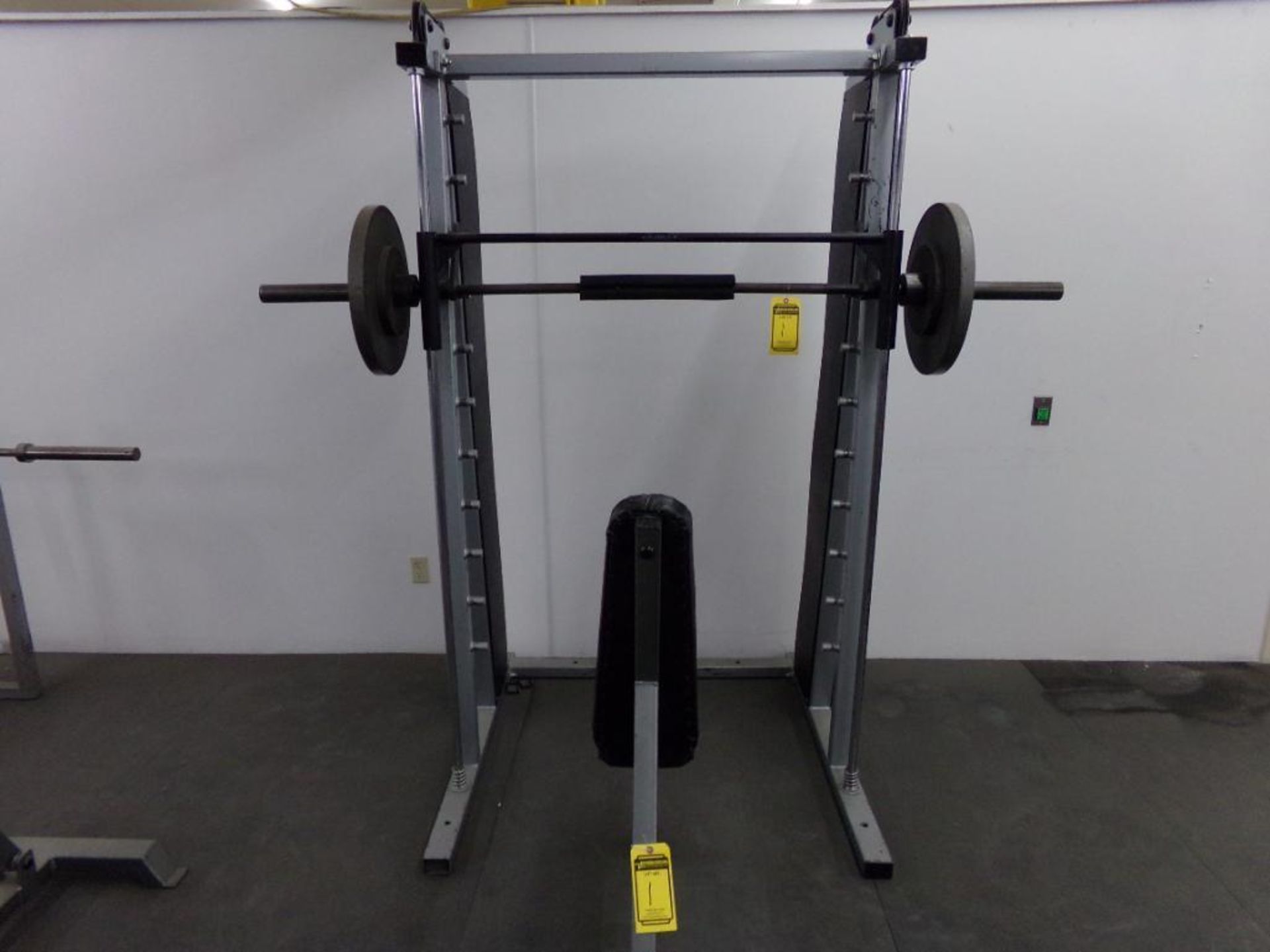 WEIGHT LIFTING MACHINE, (2) 45 LB. BARBELL WEIGHTS, (2) BENCHES