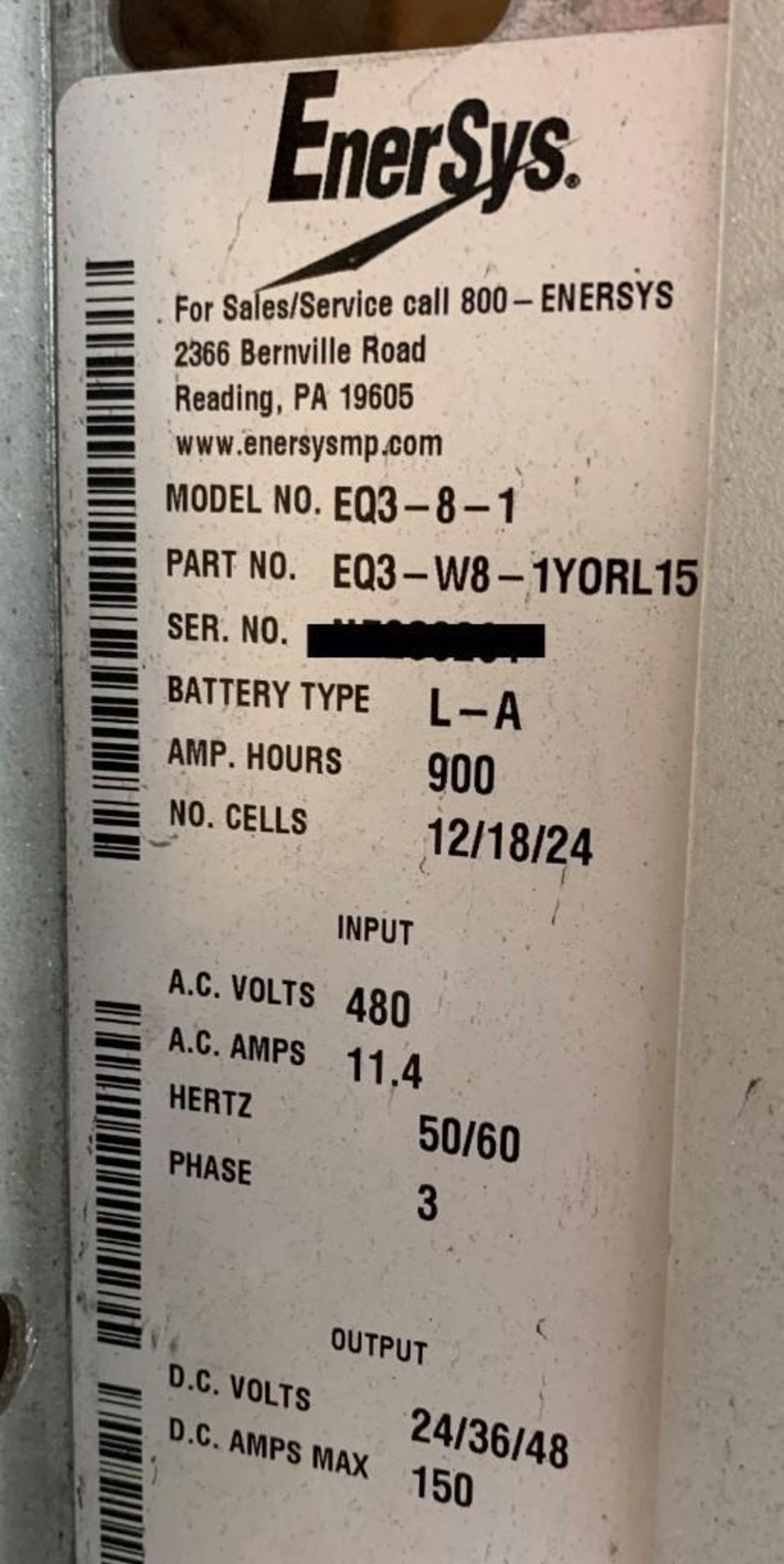 ENERSYS ENFORCER HIGH FREQUENCY MULTI-VOLT BATTERY CHARGER, MODEL EQ3-10-1, 1,500 AMP HOURS, 24/36/4 - Image 3 of 4