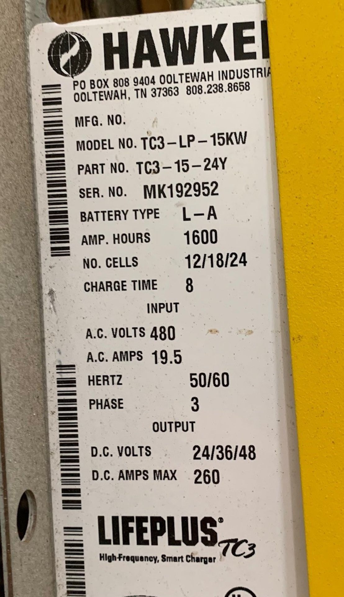 HAWKER LIFEPLUS HIGH FREQUENCY MULTI-VOLT BATTERY CHARGER, MODEL: TC3-LP-15 KW, AMP HOURS: 1,600, 24 - Image 2 of 2