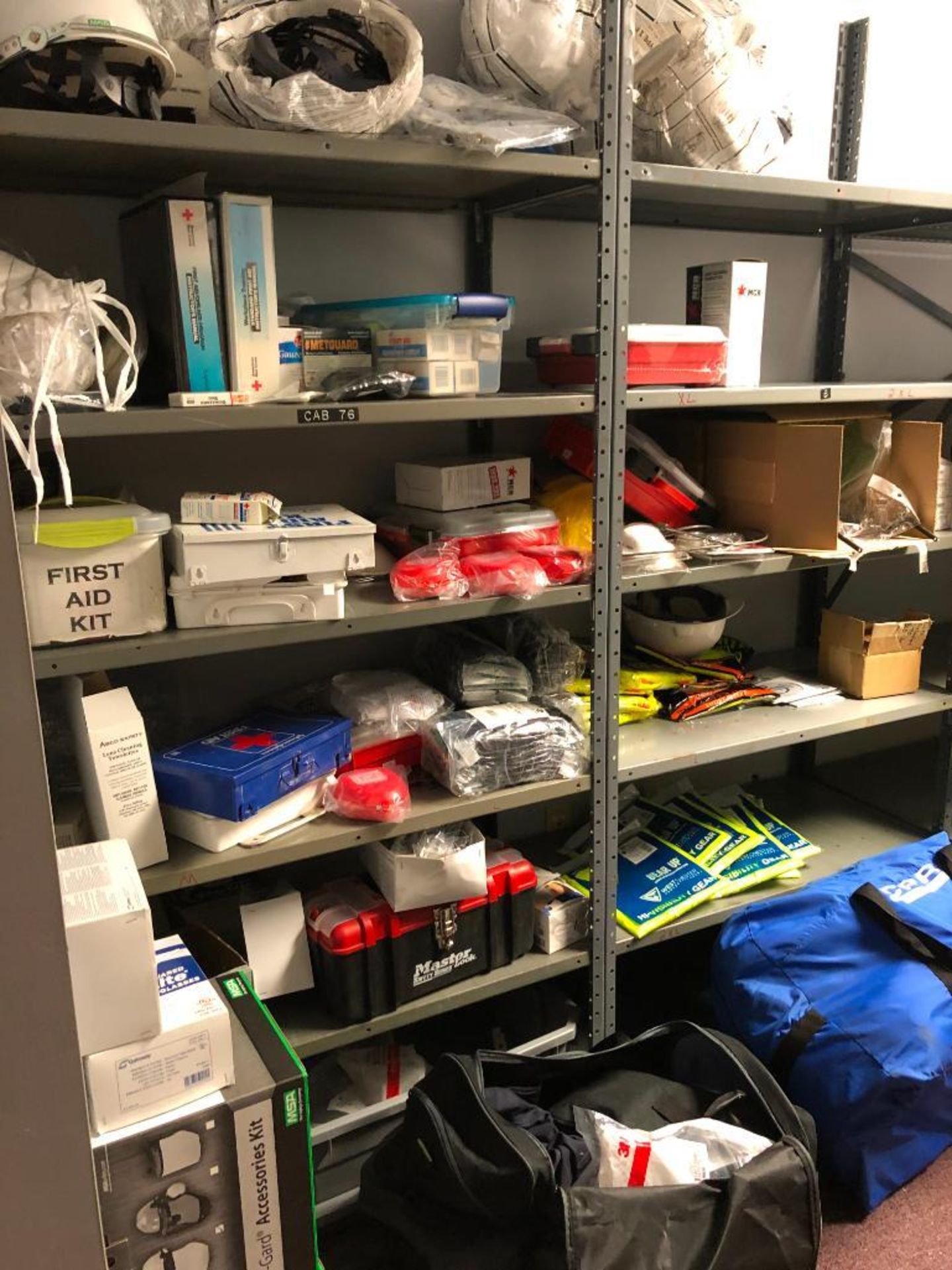 (2) SHELVES AND CONTENT: HARD HATS, FIRST AID KITS, SAFETY VEST, CPR DUMMY, MASKS, GLOVES, SAFETY GL - Image 2 of 6