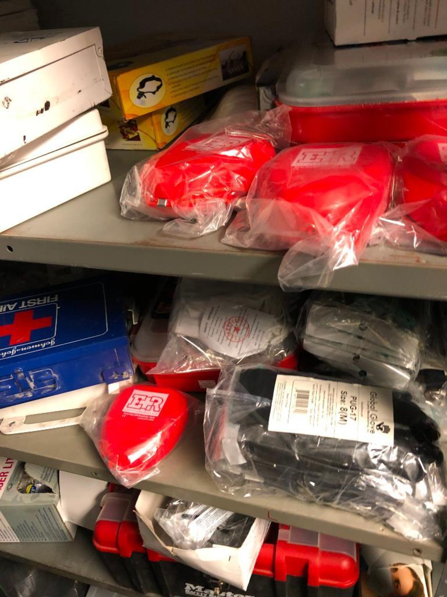 (2) SHELVES AND CONTENT: HARD HATS, FIRST AID KITS, SAFETY VEST, CPR DUMMY, MASKS, GLOVES, SAFETY GL - Image 3 of 6