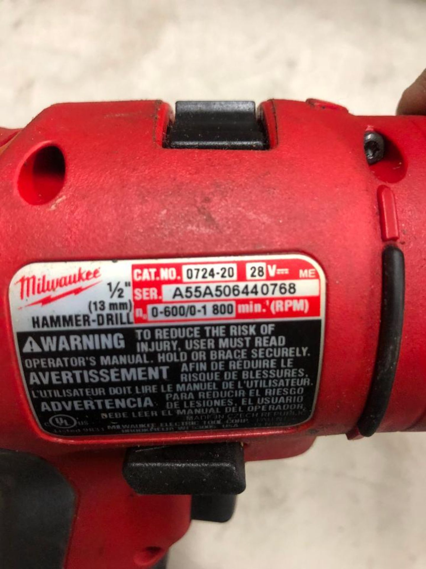 MILWAUKEE 1/2'' CORDLESS HAMMER DRILL, S/N A55A506440768, W/ (1) BATTERY AND CHARGER - Image 3 of 3