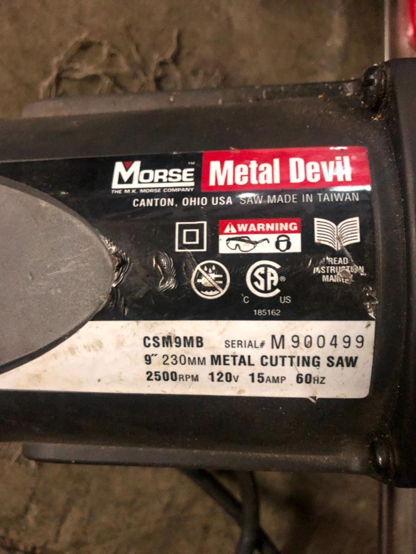 MORSE ELECTRIC METAL DEVIL 9'' CUTTING SAW, MODEL CSM9MB, S/N M900499, 2,500 RPM - Image 3 of 3