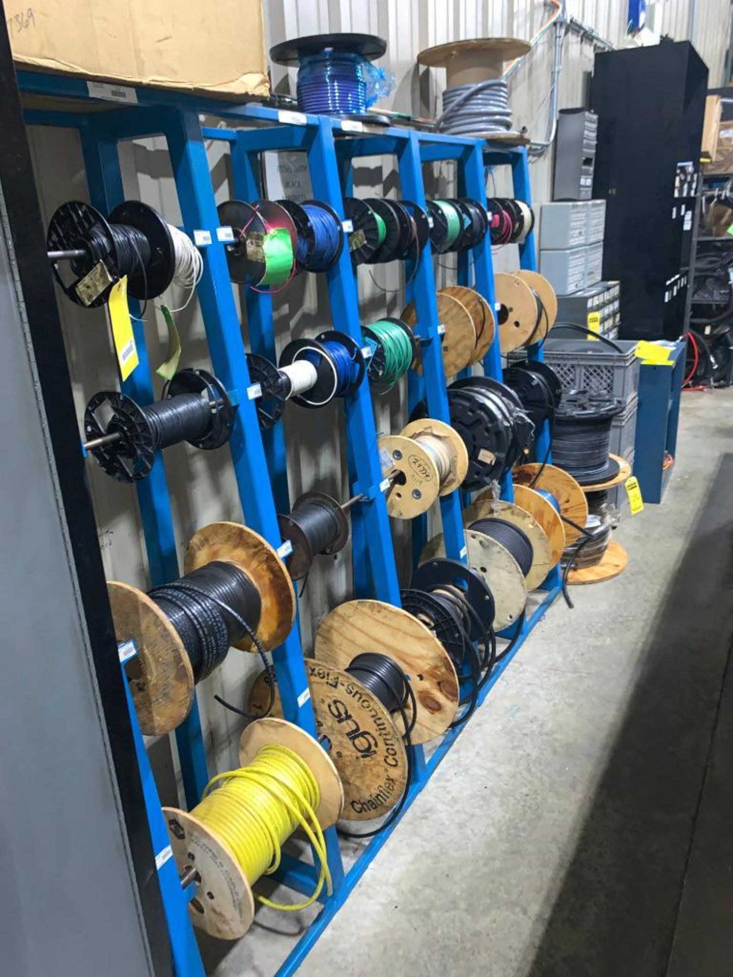 SPOOL RACK, W/ CONTENT, WIRE SPOOLS