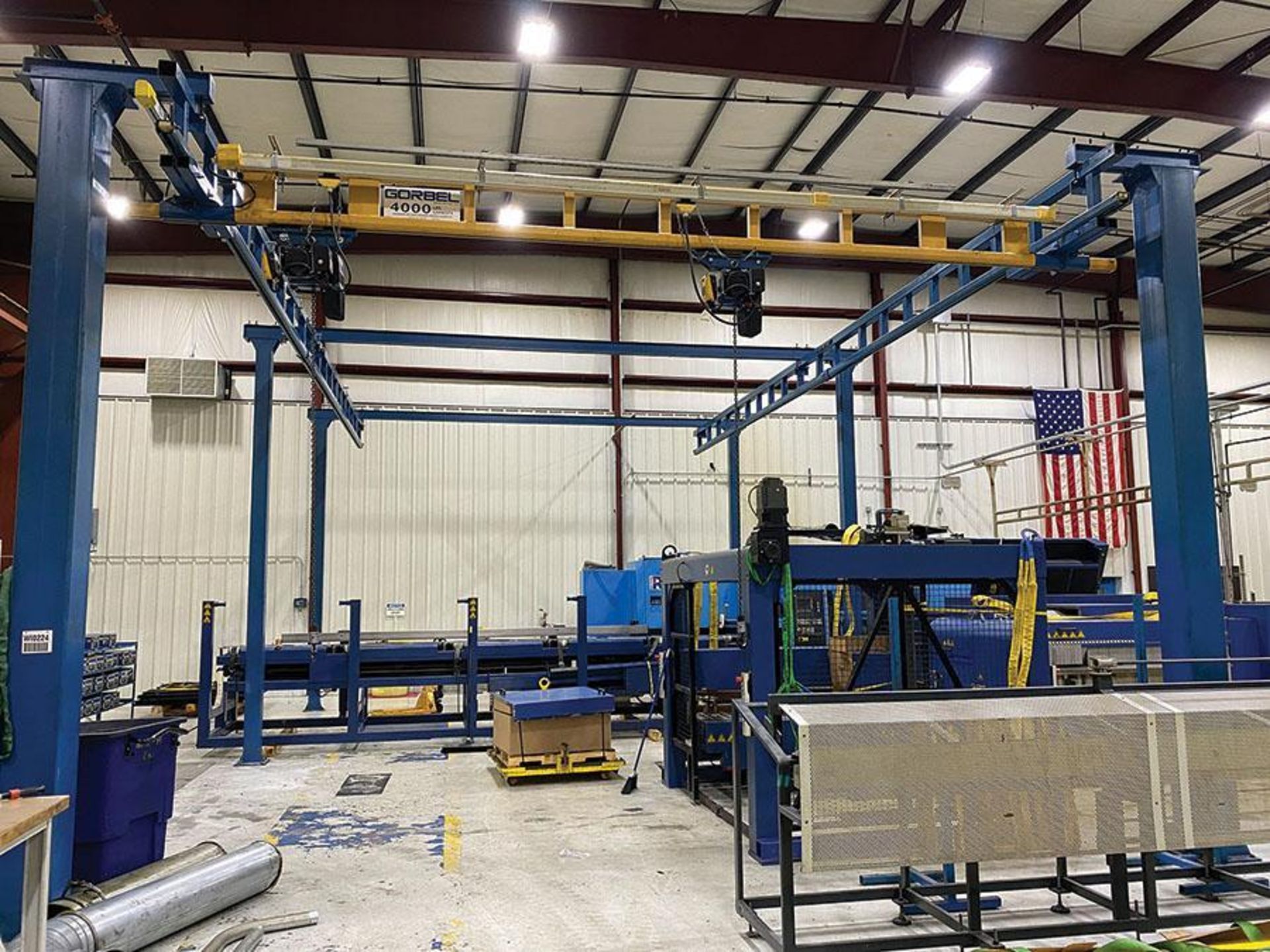 GORBEL 4,000 LB. CAP. FREE STANDING CRANE, (2) DEMAG 2,200 LB. CAP. ELECTRIC CHAIN HOISTS, REMOTE CO