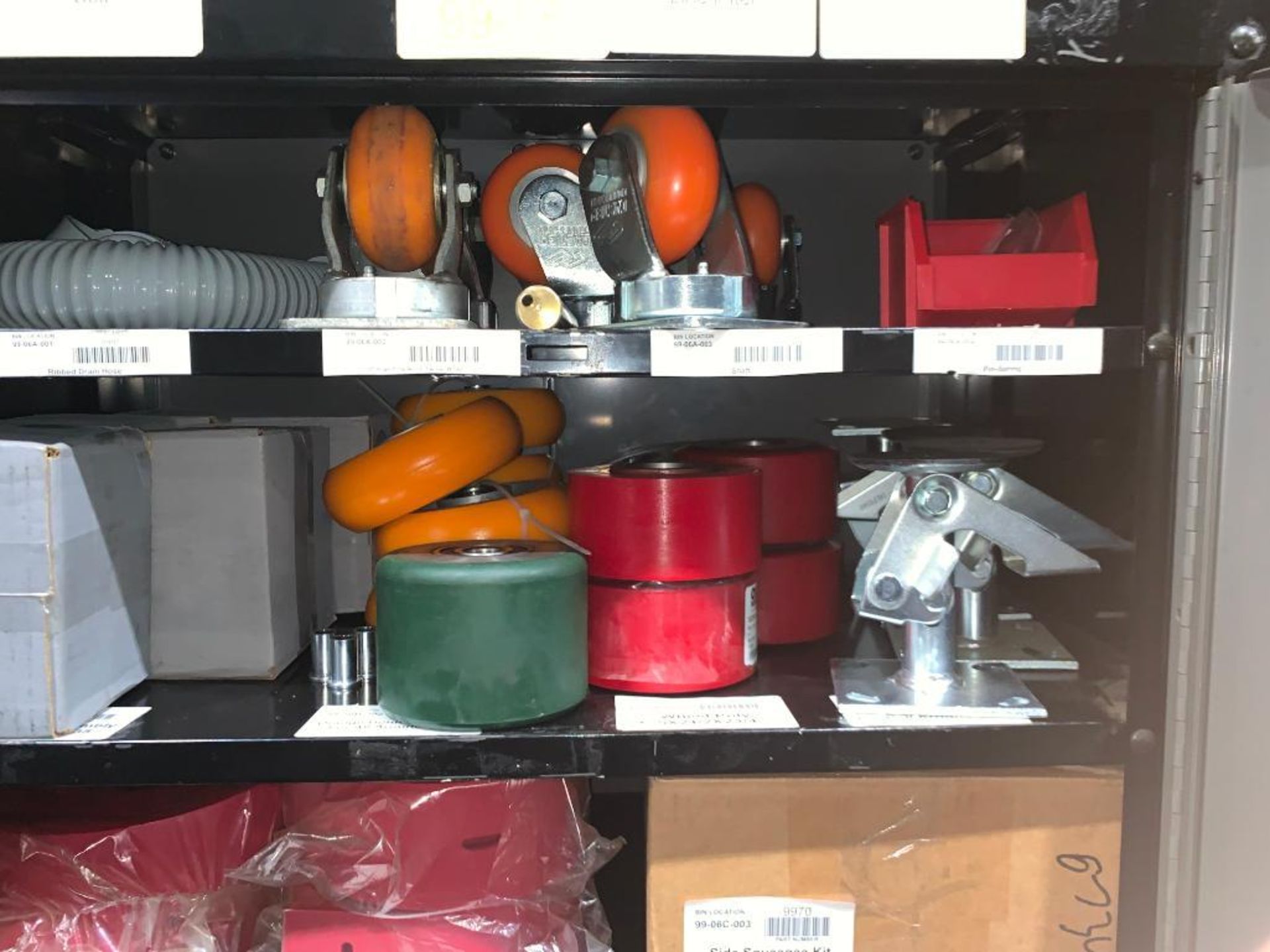 (3) CABINETS, W/ CONTENT: WHEELS, SCRUBBER PARTS, BANDING TOOLS, SAFETY TAPE, HAND TOOLS, SMALL SCRE - Image 7 of 10