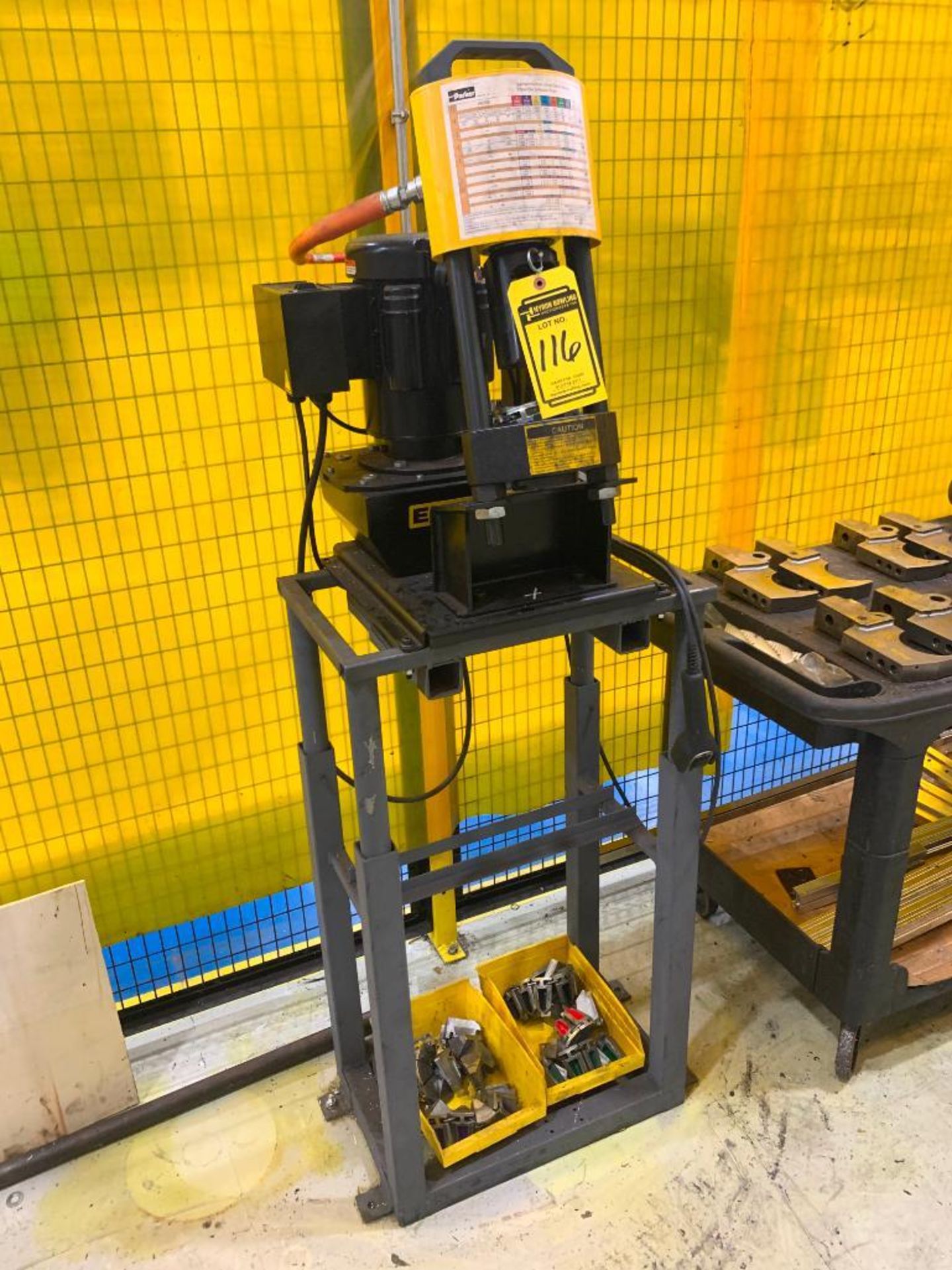 PARKER HYDRAULIC CRIMPER ON STAND, WITH ENERPAC 85C-ZMS POWER UNIT, PENDANT CONTROL, (7) REEL HYDRAU