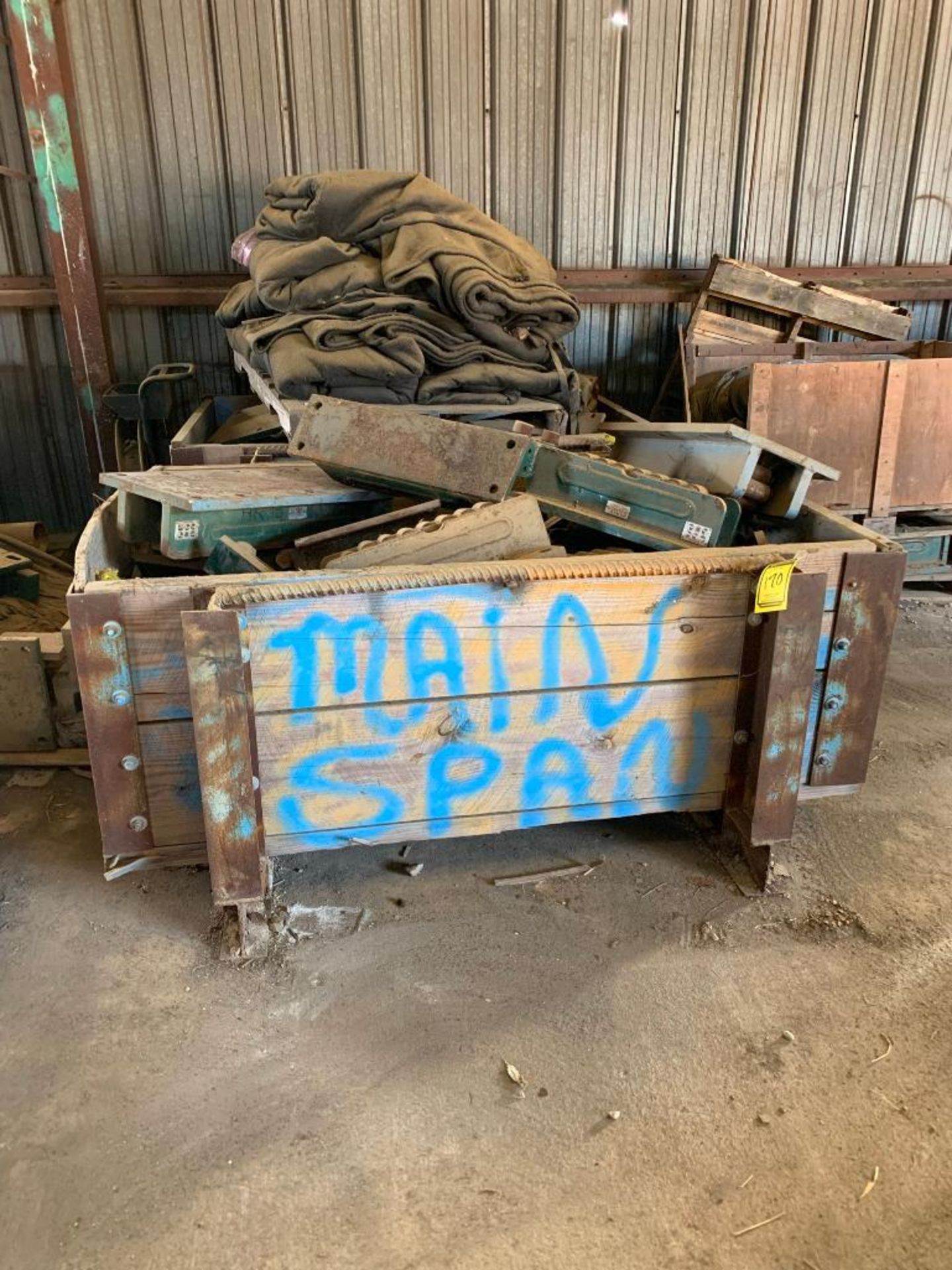 PALLETS & CRATES W/ LARGE MACHINE SKATES, OTHER STEEL