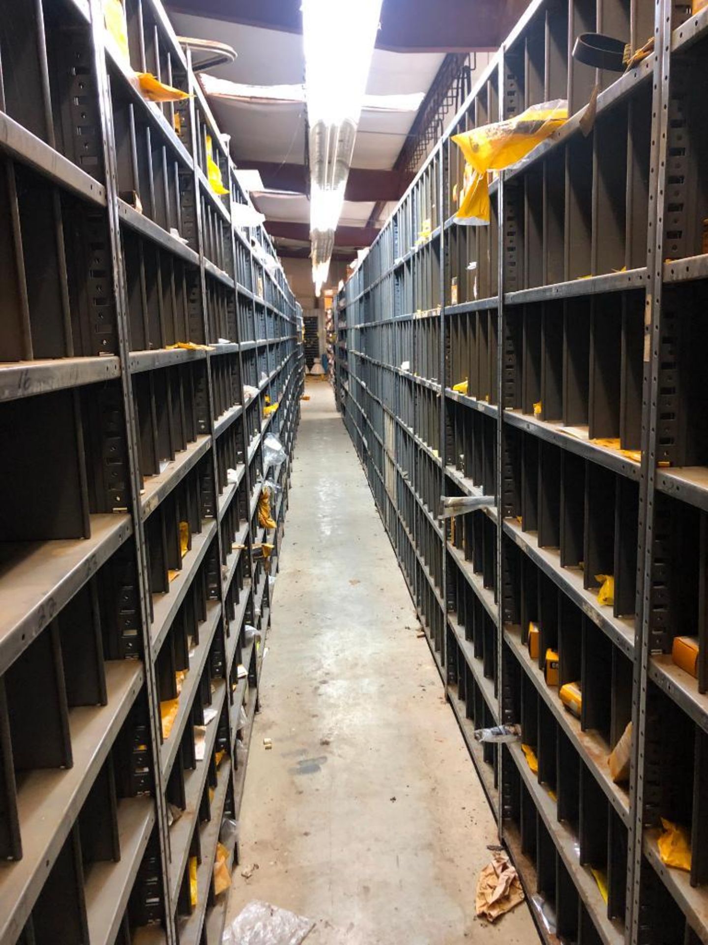 (5) ROWS OF SHELVES W/ DIVIDERS & PIGEON HOLES, SOME CONSISTING OF NEW CATERPILLAR SURPLUS - Image 14 of 25