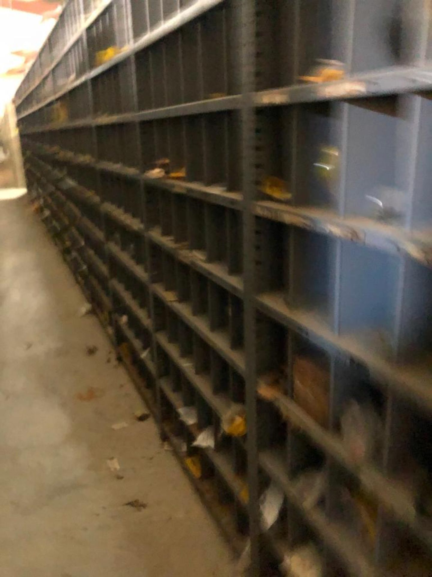 (5) ROWS OF SHELVES W/ DIVIDERS & PIGEON HOLES, SOME CONSISTING OF NEW CATERPILLAR SURPLUS - Image 4 of 25