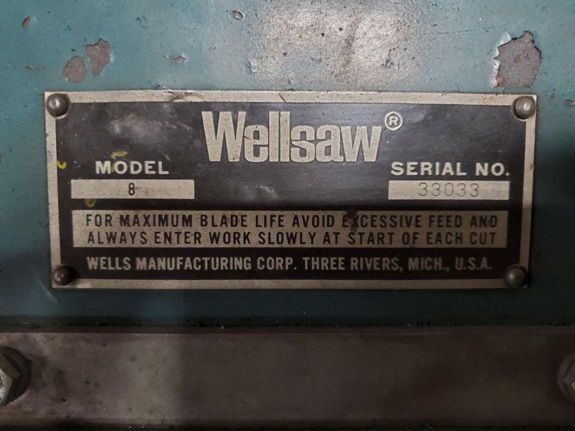 WELLSAW HORIZONTAL BAND SAW, MODEL 8, S/N 33033, MANUAL, MATERIAL CLAMP - Image 4 of 7