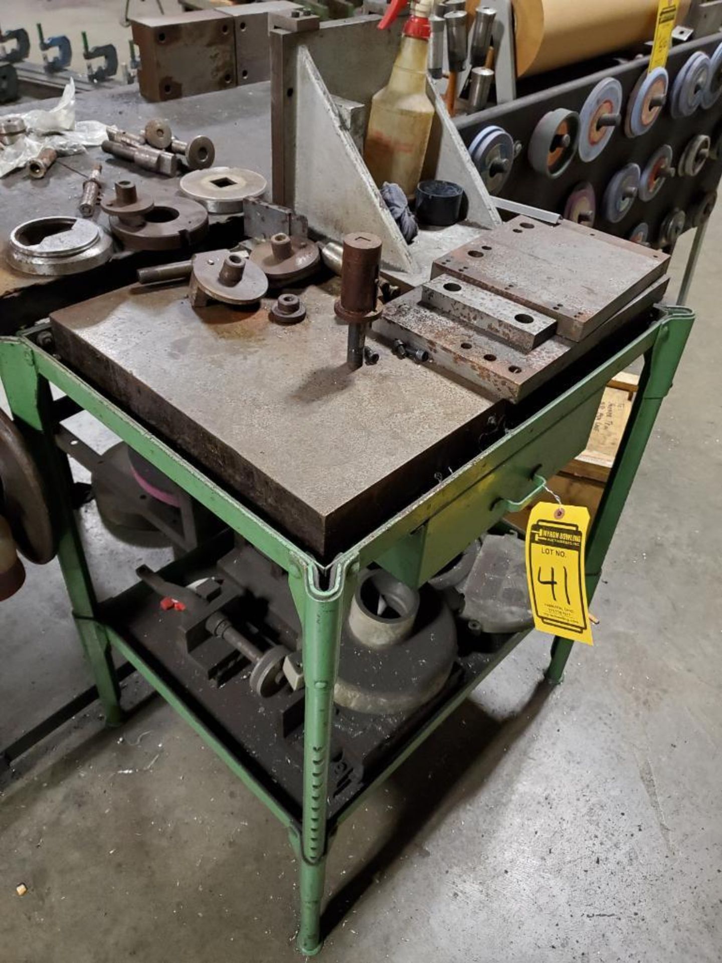 (2) STEEL TABLES, W/ BENCH VISE, ANGLE BLOCKS, EYE BOLTS, PARTS VISES, PERISHABLE TOOLING, & MORE - Image 2 of 10