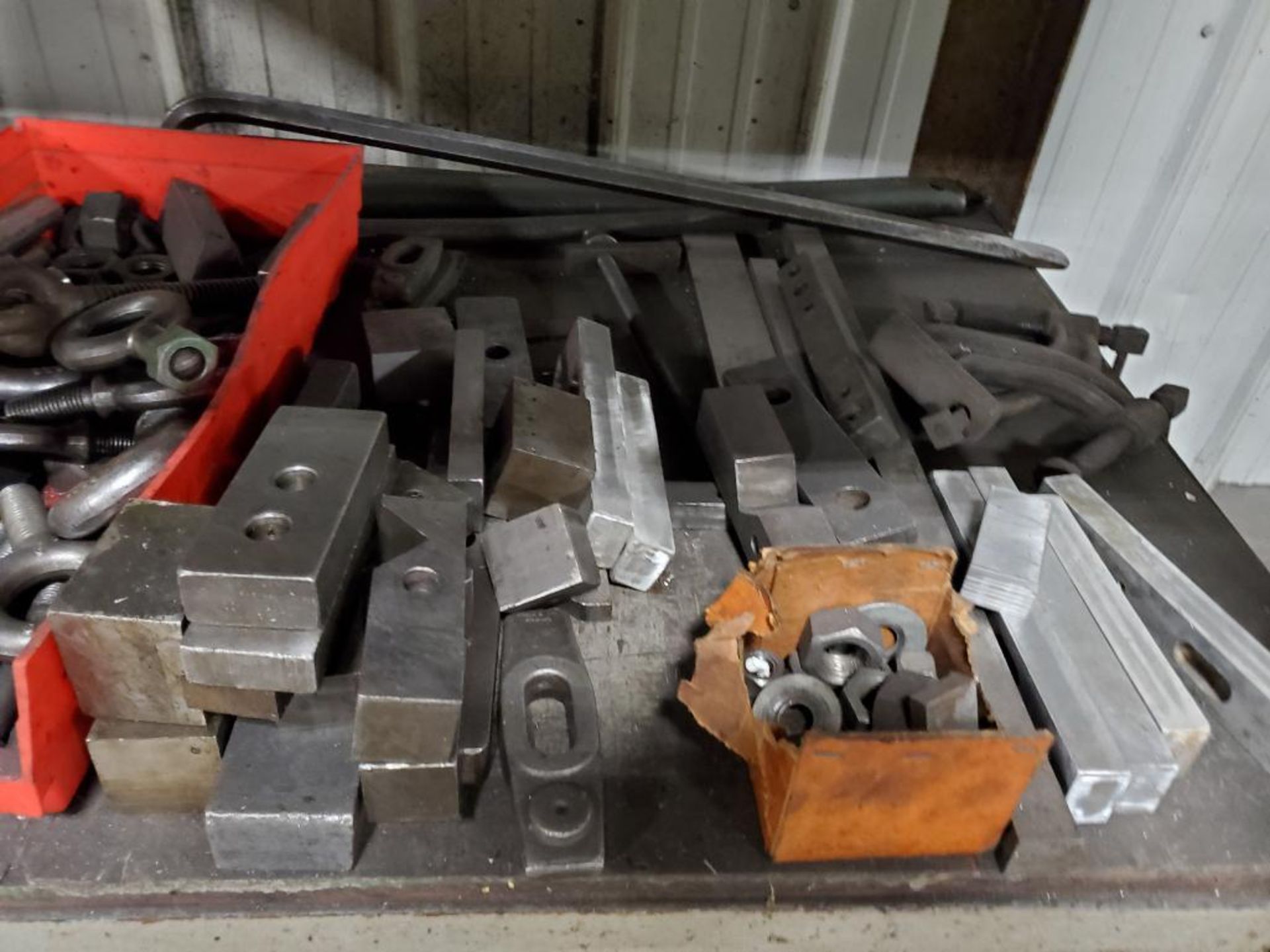 (2) STEEL TABLES, W/ BENCH VISE, ANGLE BLOCKS, EYE BOLTS, PARTS VISES, PERISHABLE TOOLING, & MORE - Image 8 of 10