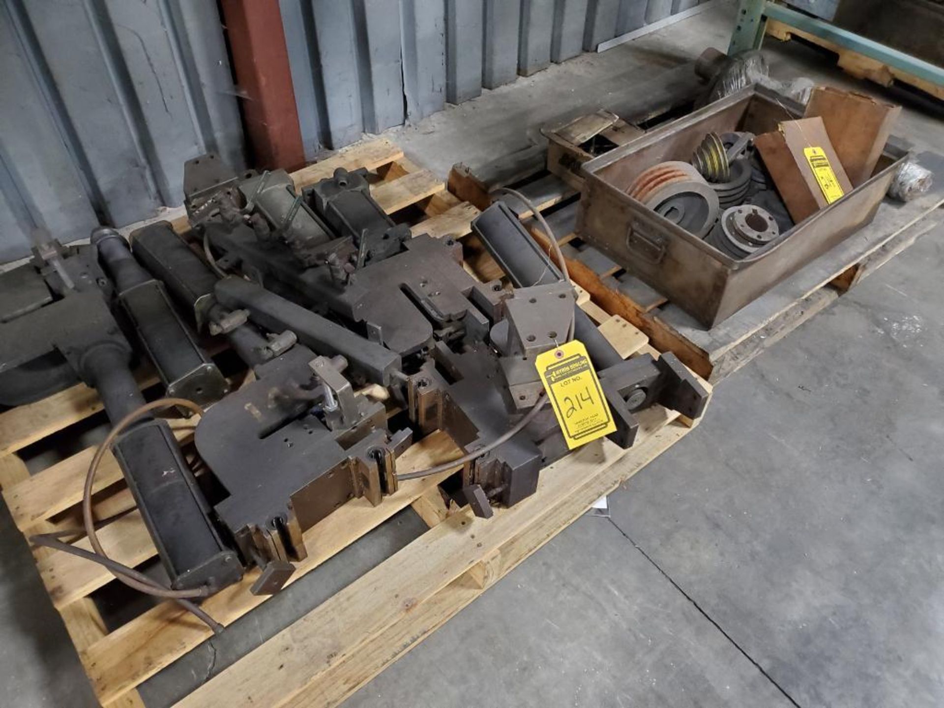(4) PALLETS OF MISC. HARDWARE, WIRE, PULLEYS, CYLINDERS, STAMPING HEADS