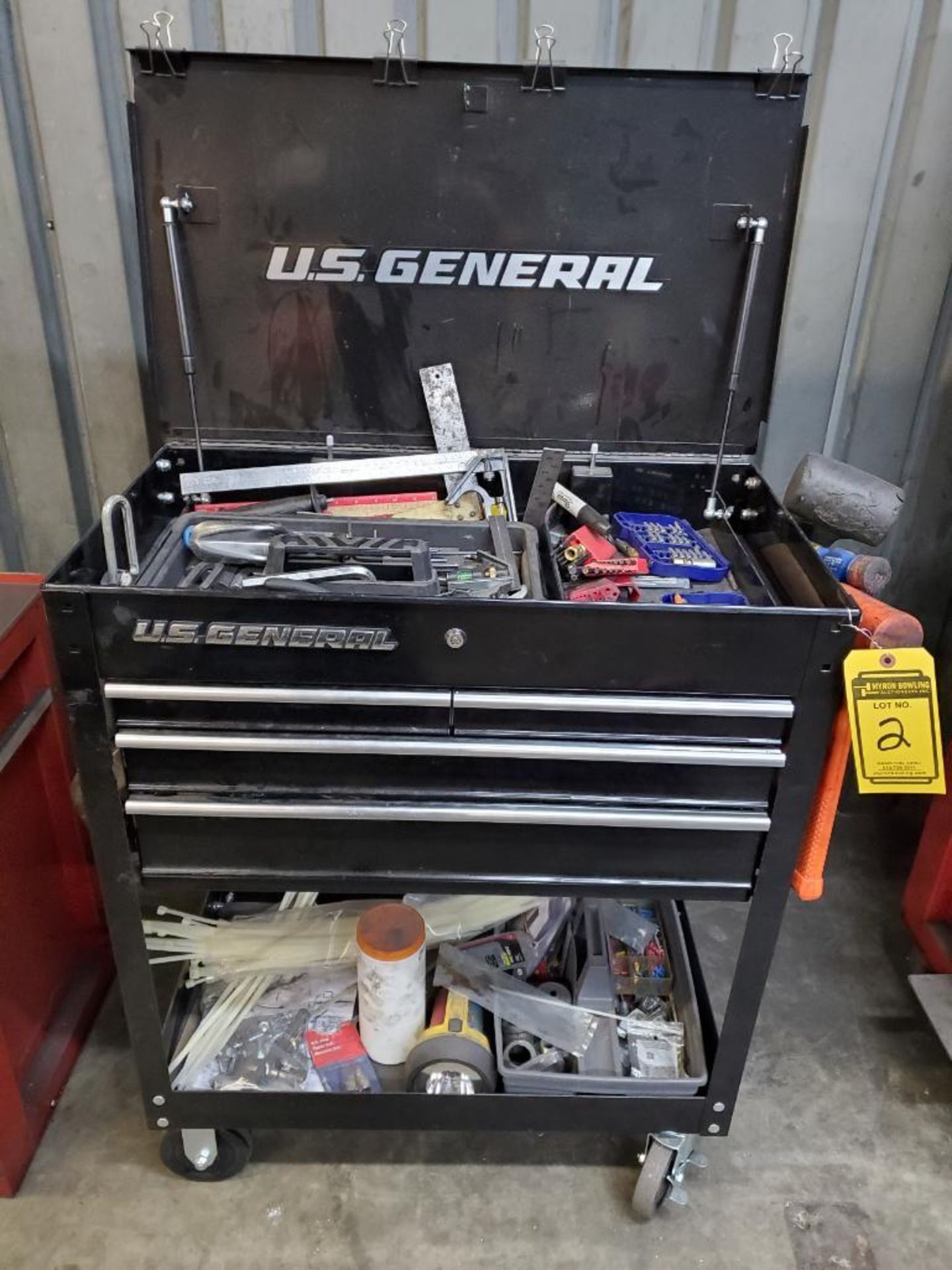 US GENERAL 4-DRAWER ROLLING TOOL CHEST, TOP OPEN COMPARTMENT W/ CONTENTS: WRENCHES, ALLEN WRENCHES, - Image 2 of 7