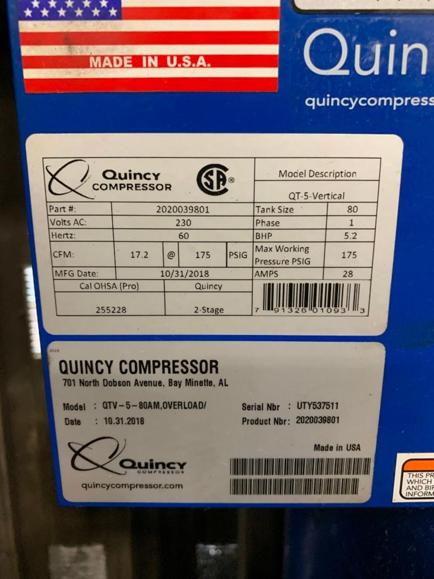 2018 QUINCY 80-GALLON AIR COMPRESSOR, 230/60/1, 175 PSIG, MODEL QTV-5-80AM, OVERLOAD, S/N UTY537511 - Image 3 of 3