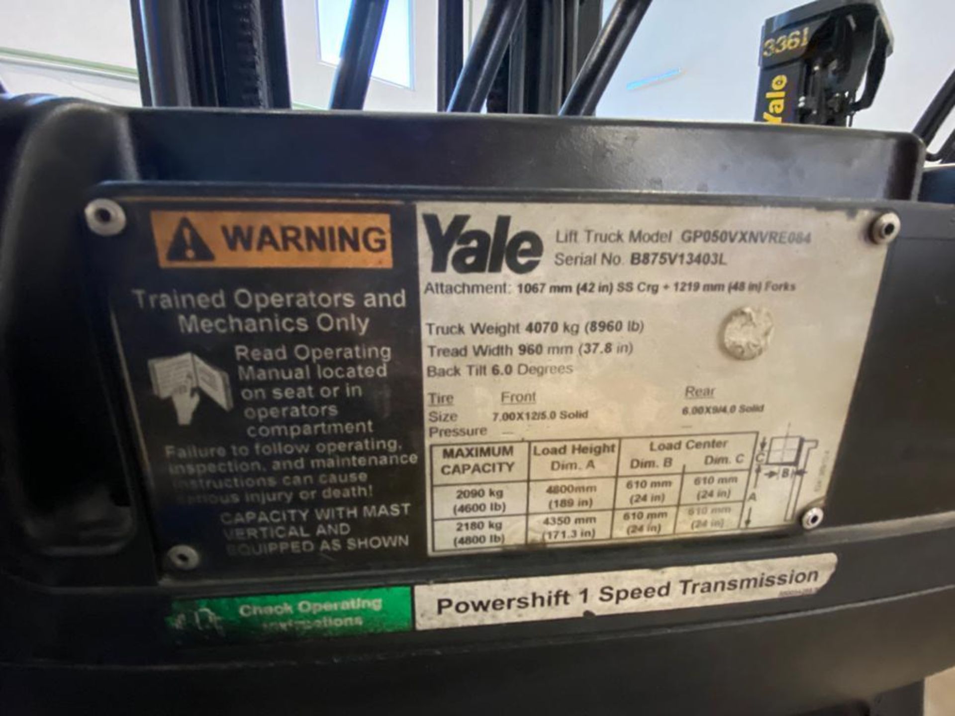 2013 YALE FORKLIFT, MODEL GP050VX, S/N B875V13403L - Image 21 of 23