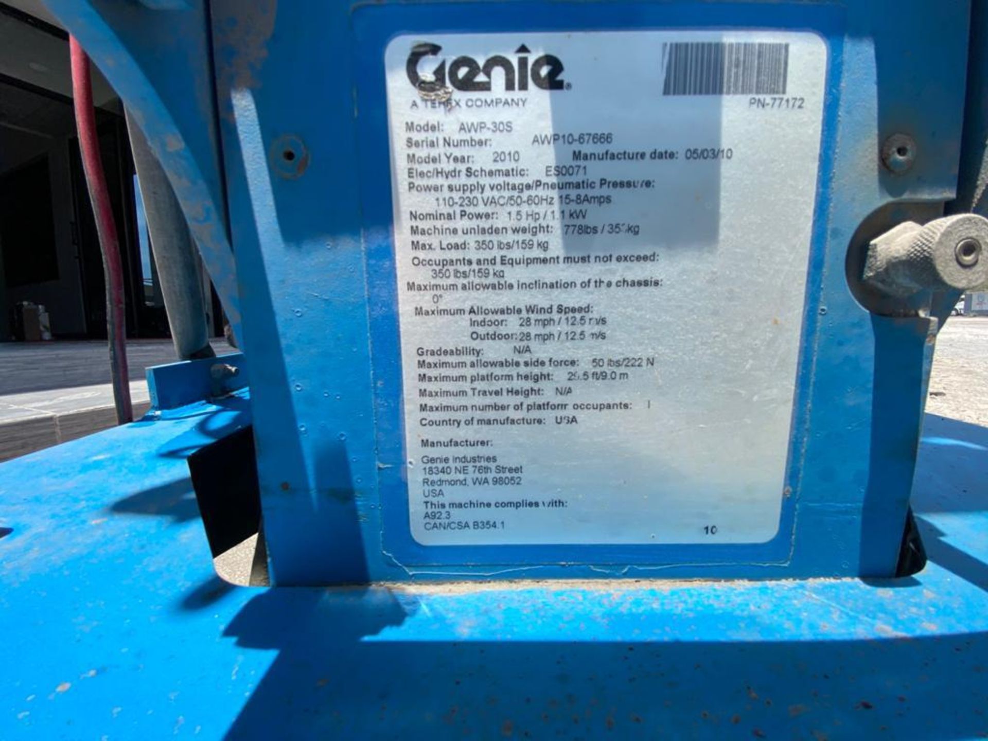 2010 GENIE 9' ELECTRIC LIFTING PLATFORM, MODEL AWP-30S, S/N AWP10-67666 - Image 21 of 29