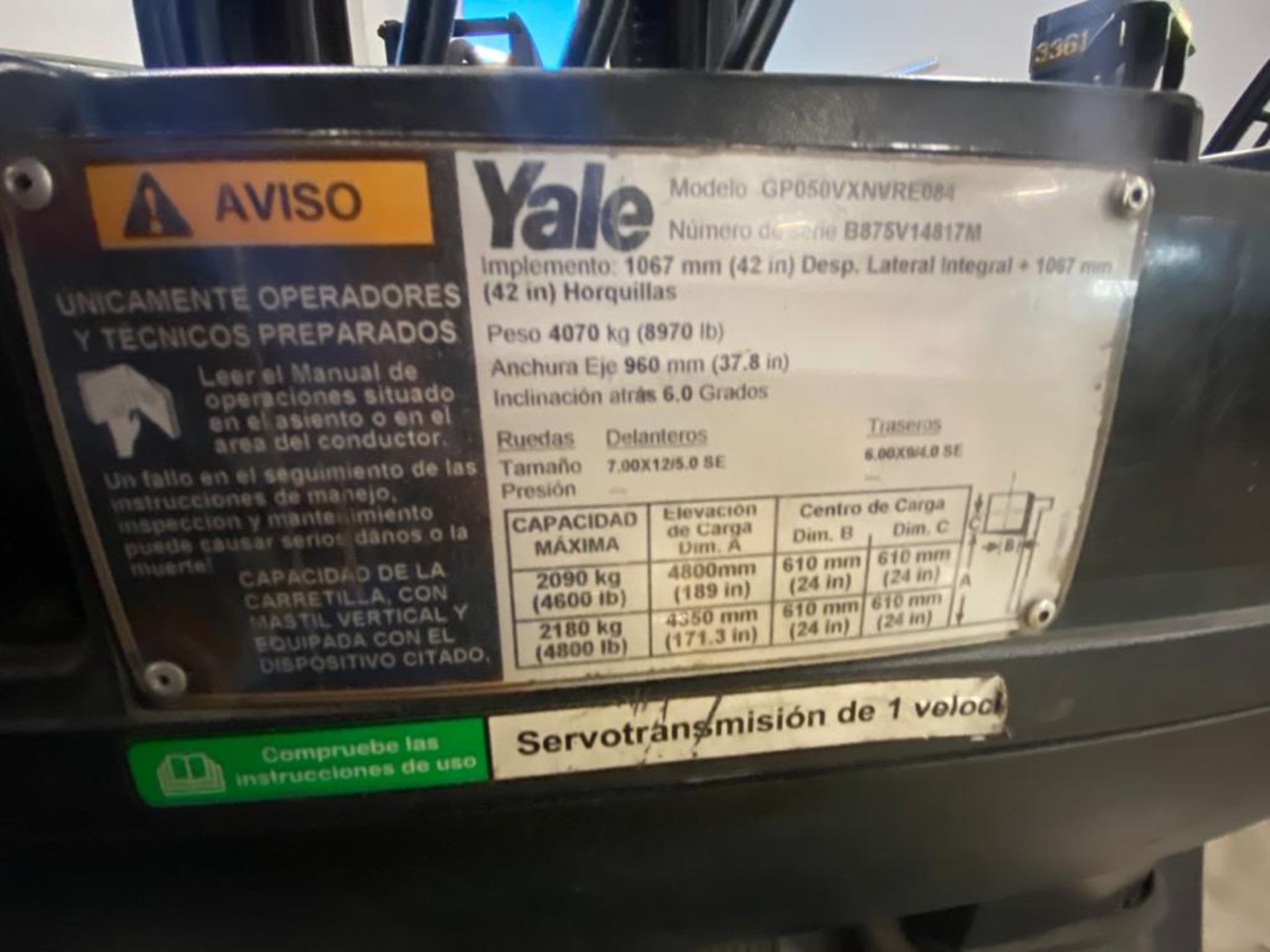 2014 YALE FORKLIFT, MODEL GP050VX, S/N B875V14817M - Image 22 of 24