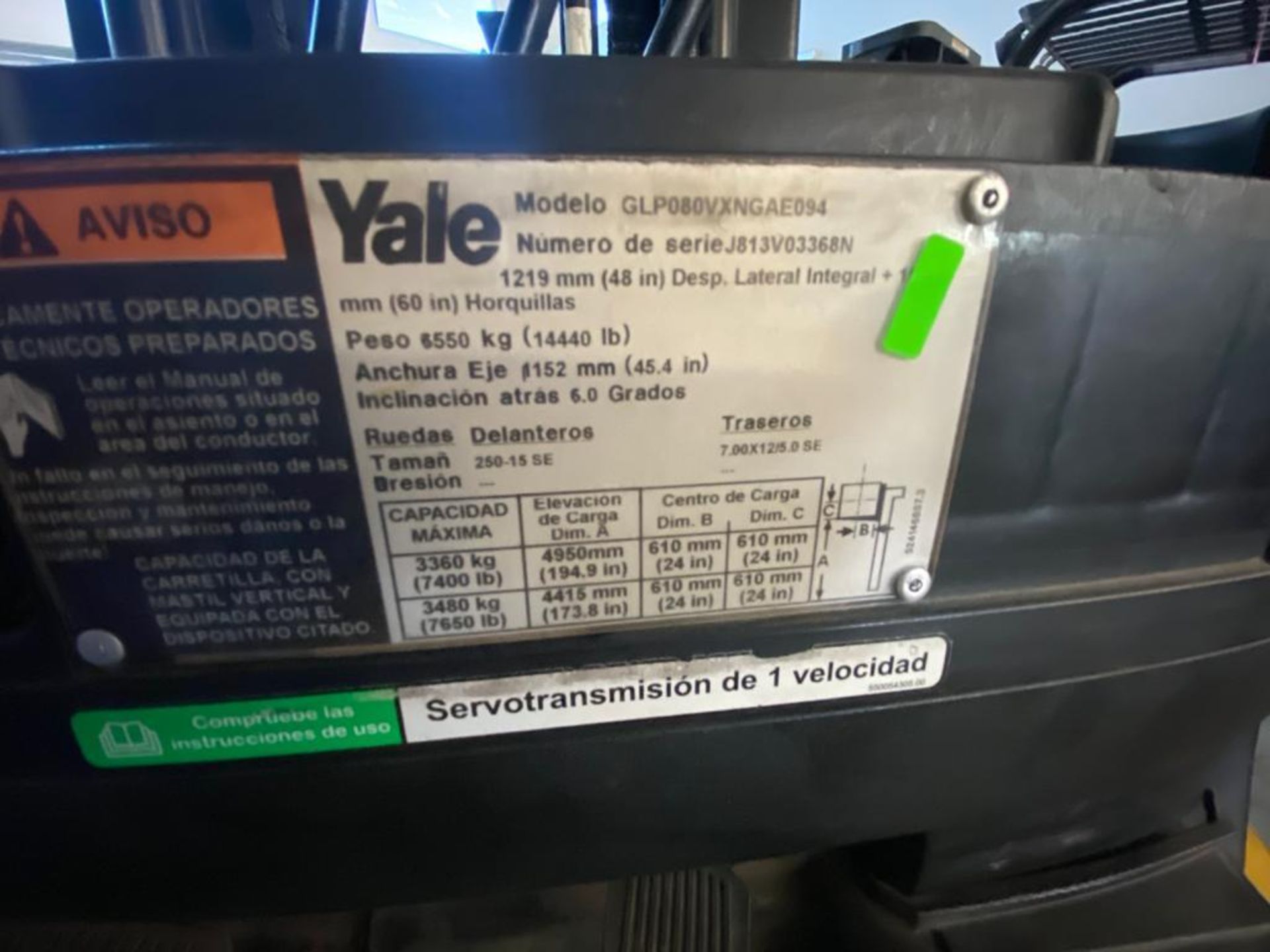 2015 YALE FORKLIFT, MODEL GP080VX, S/N J813V03368N - Image 20 of 21