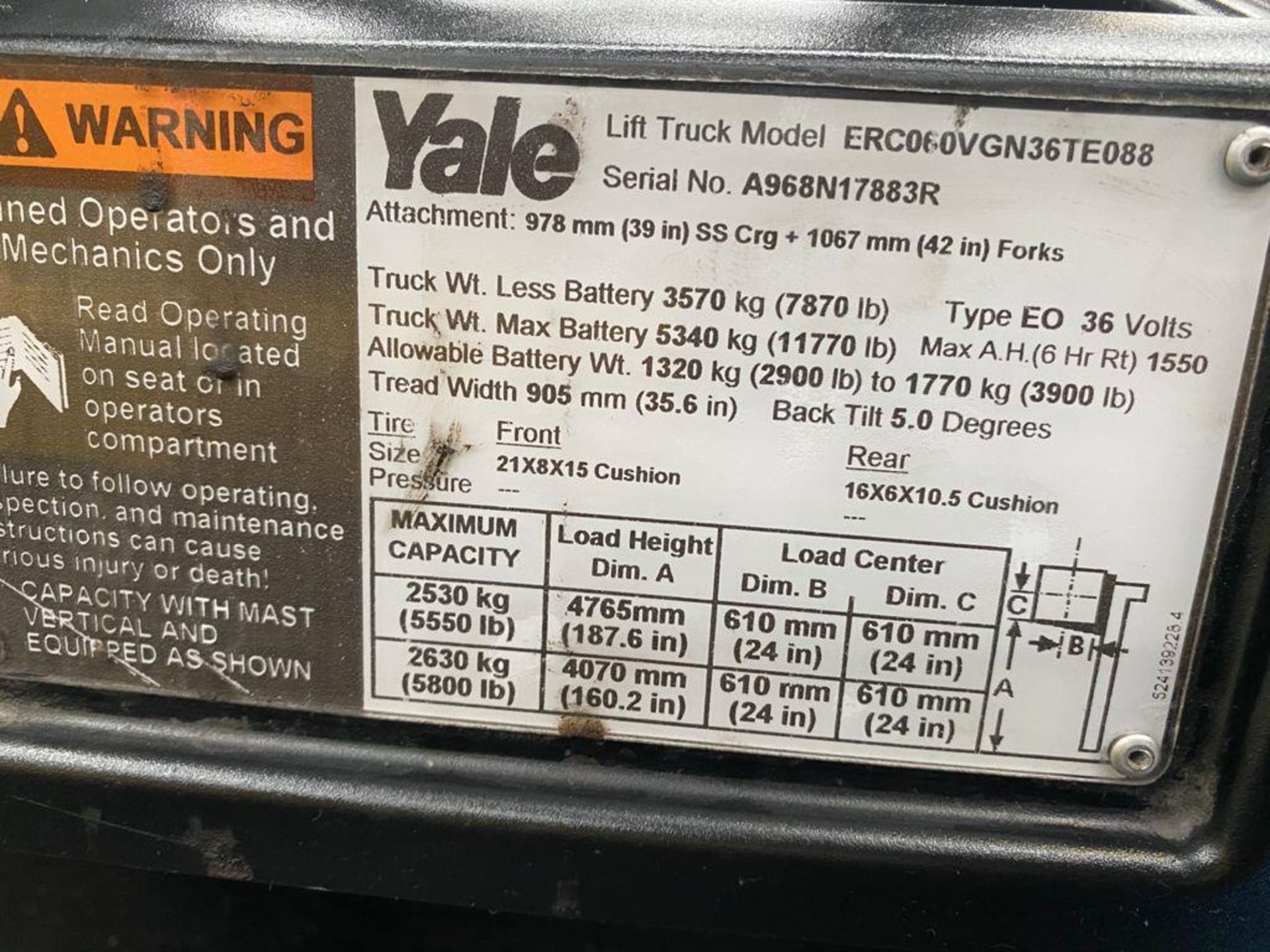 Yale Electric Forklift, Model ERC060VGN36TE088, S/N A968N17883R, Year 2017, 5800 lb capacity - Image 30 of 41