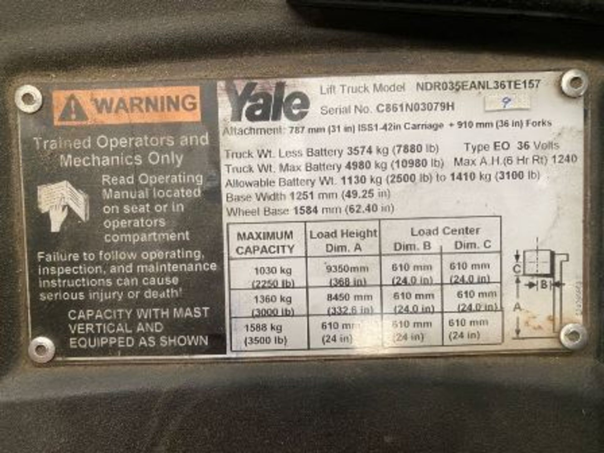 Yale Electric Forklift, Model NDR035EANL36TE157, S/N C861N03079H, Year 2010, 3500 lb capacity - Image 54 of 62