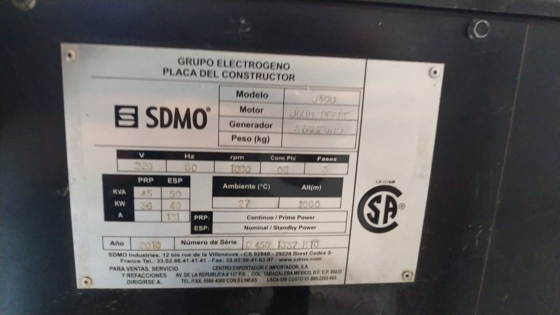 Genset 36 KW / 45 KVA, 220 V. Generator STAMFORD Emergency Plant with John Deer Motor - Image 7 of 9