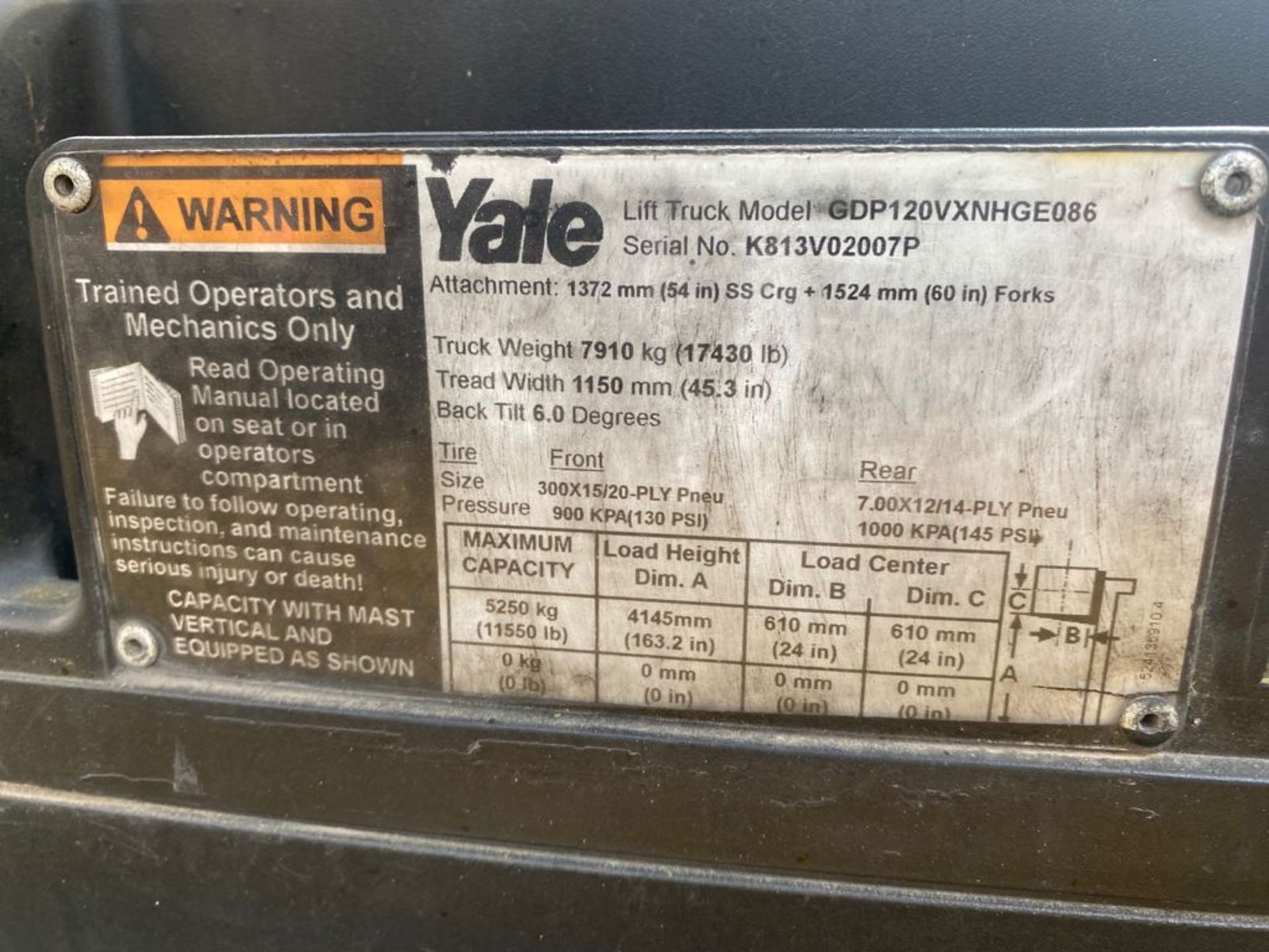 Yale Forklift, Model GDP120VXNHGE086, S/N K813V02007P, Year 2016, 11550 lb capacity - Image 33 of 39