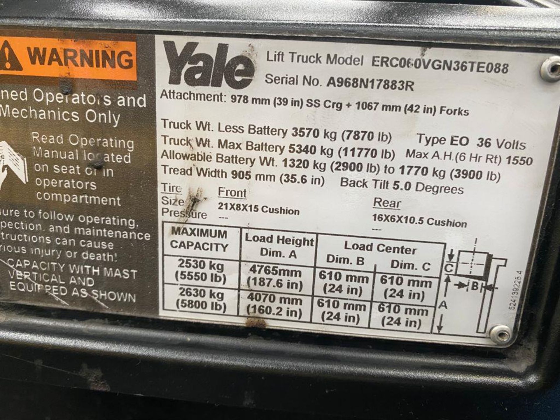 Yale Electric Forklift, Model ERC060VGN36TE088, S/N A968N17883R, Year 2017, 5800 lb capacity - Image 29 of 41