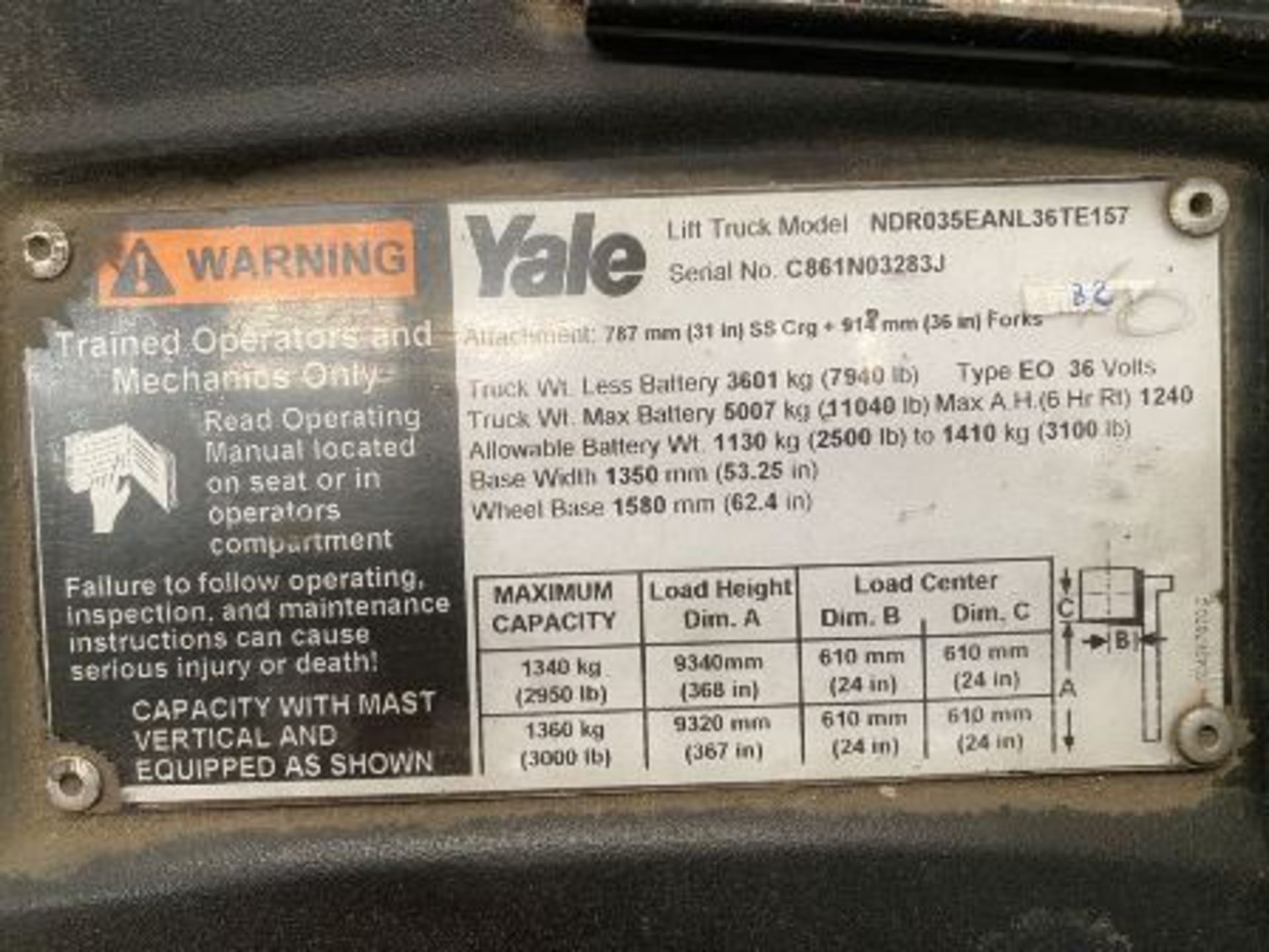 Yale Electric Forklift, Model NDR035EANL36TE157, S/N C861N03283J, Year 2011, 3500 lb capacity - Image 40 of 43