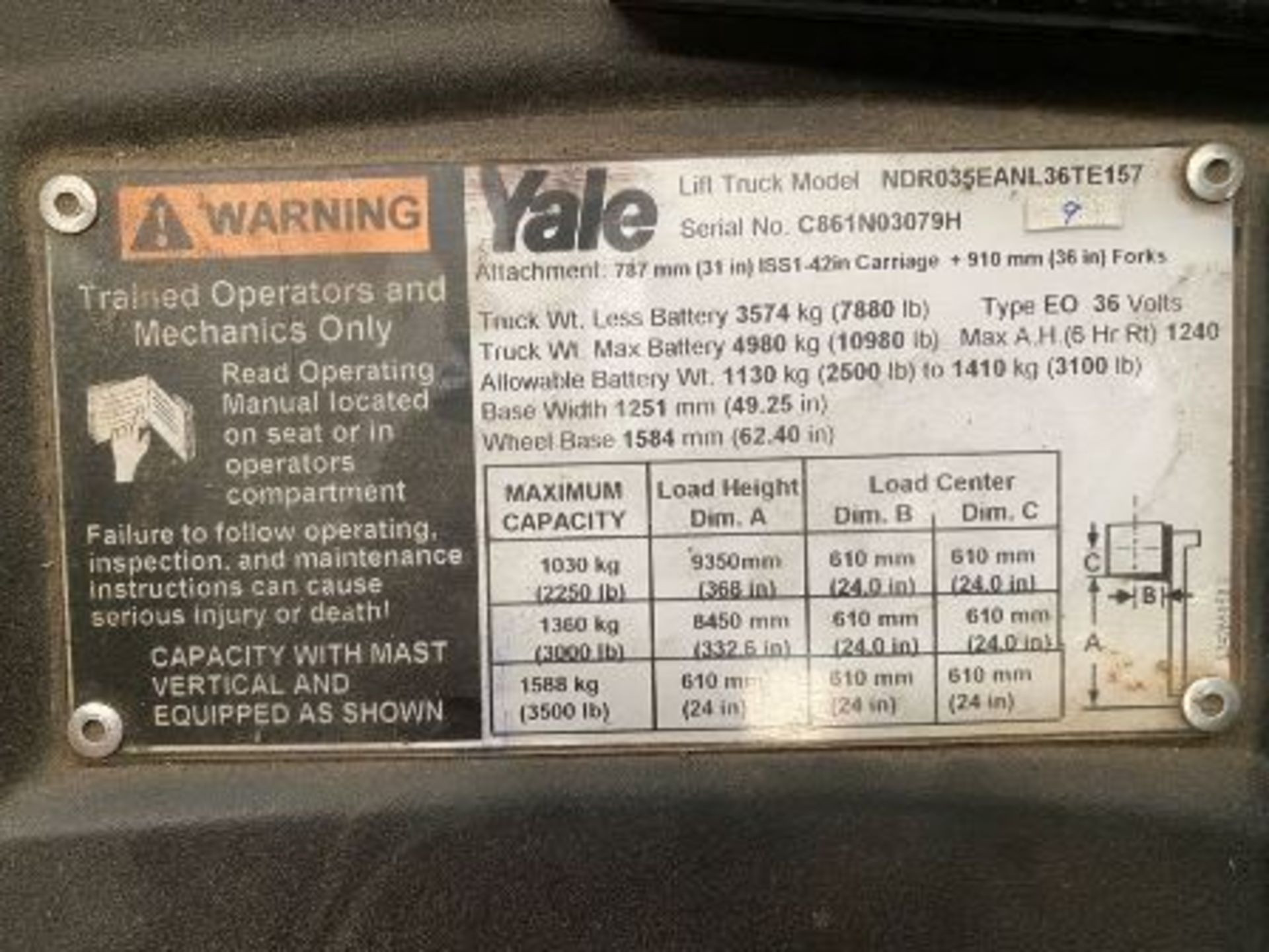 Yale Electric Forklift, Model NDR035EANL36TE157, S/N C861N03079H, Year 2010, 3500 lb capacity - Image 55 of 62