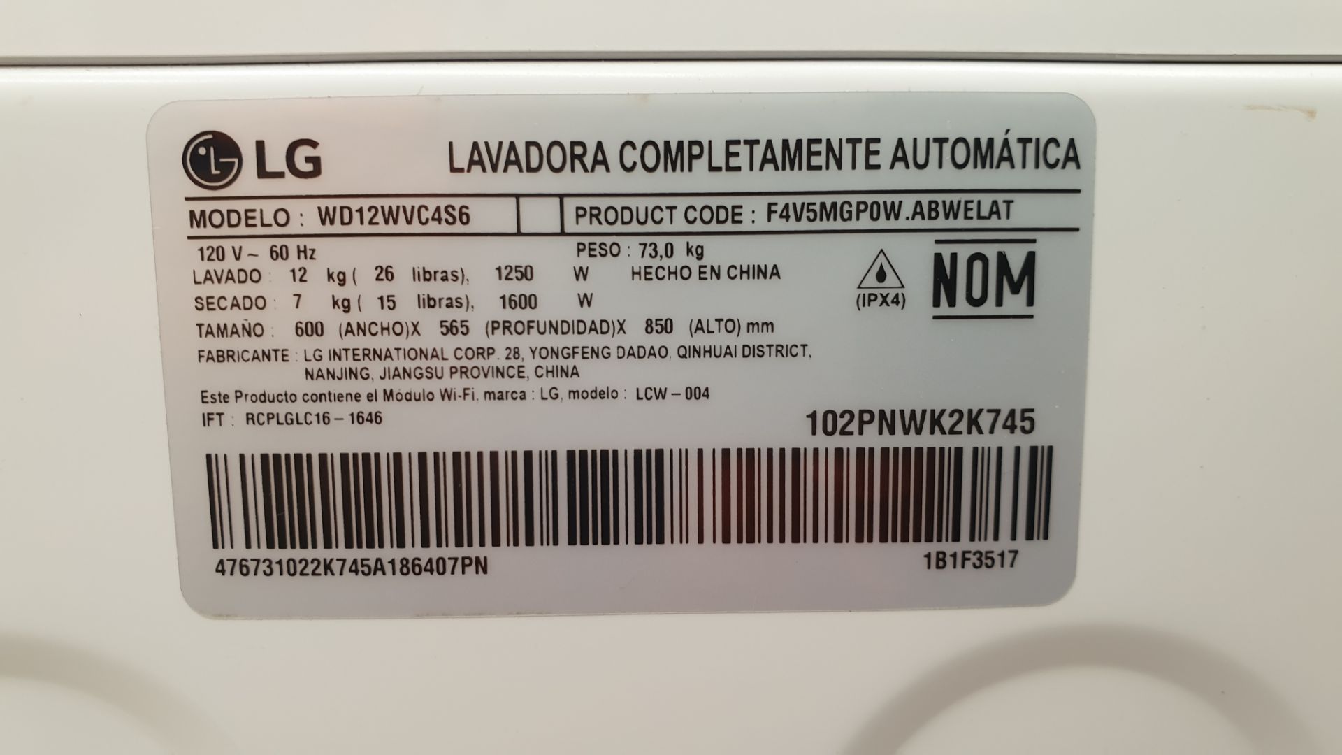 1 Lavadora 2 en 1 marca LG de 12/7 kilos color blanco modelo, WD12WVC4S6 - Image 7 of 7