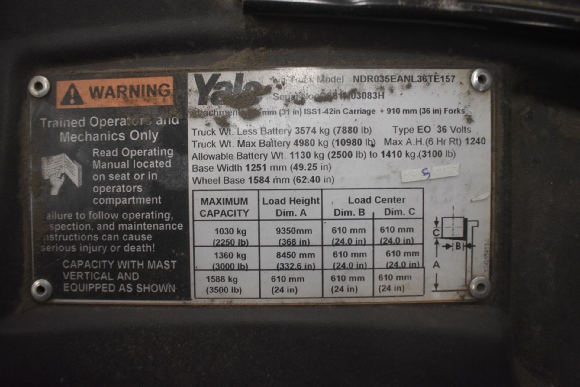 Yale Electric Forklift, Modelo NDR035EANL36TE157, No. Serie C861N03083H, Año 2010, 3500 lb Capacity - Image 37 of 38