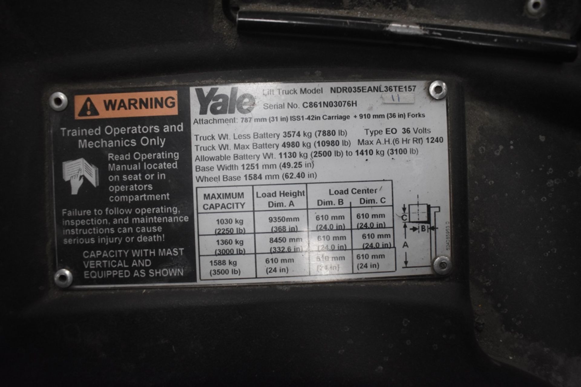 Hyster Electric Forklift, Model NDR035EANL36TE157, S/N C861N03076H, Year 2010, 3500 lb Capacity - Image 32 of 33