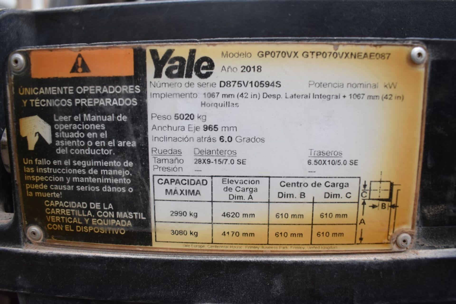 Yale Forklift, model GTP070VXNEAE087, S/N D875V10594S, capacity 6800 lb - Image 42 of 43