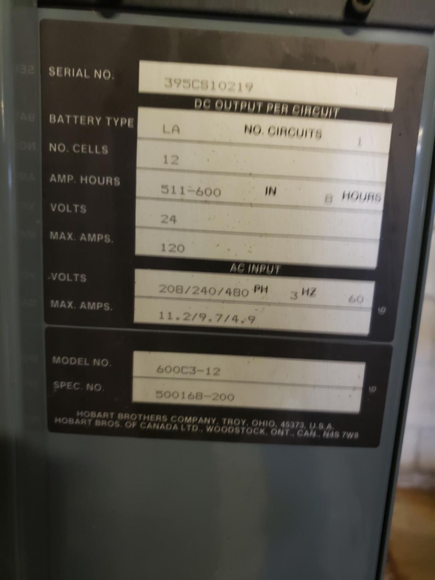 Hobart Accu-Charge, Battery Charger, 24 Volt, M# 600CR-12, S/N 395CS10219 | Rig Fee: $100 - Image 2 of 2