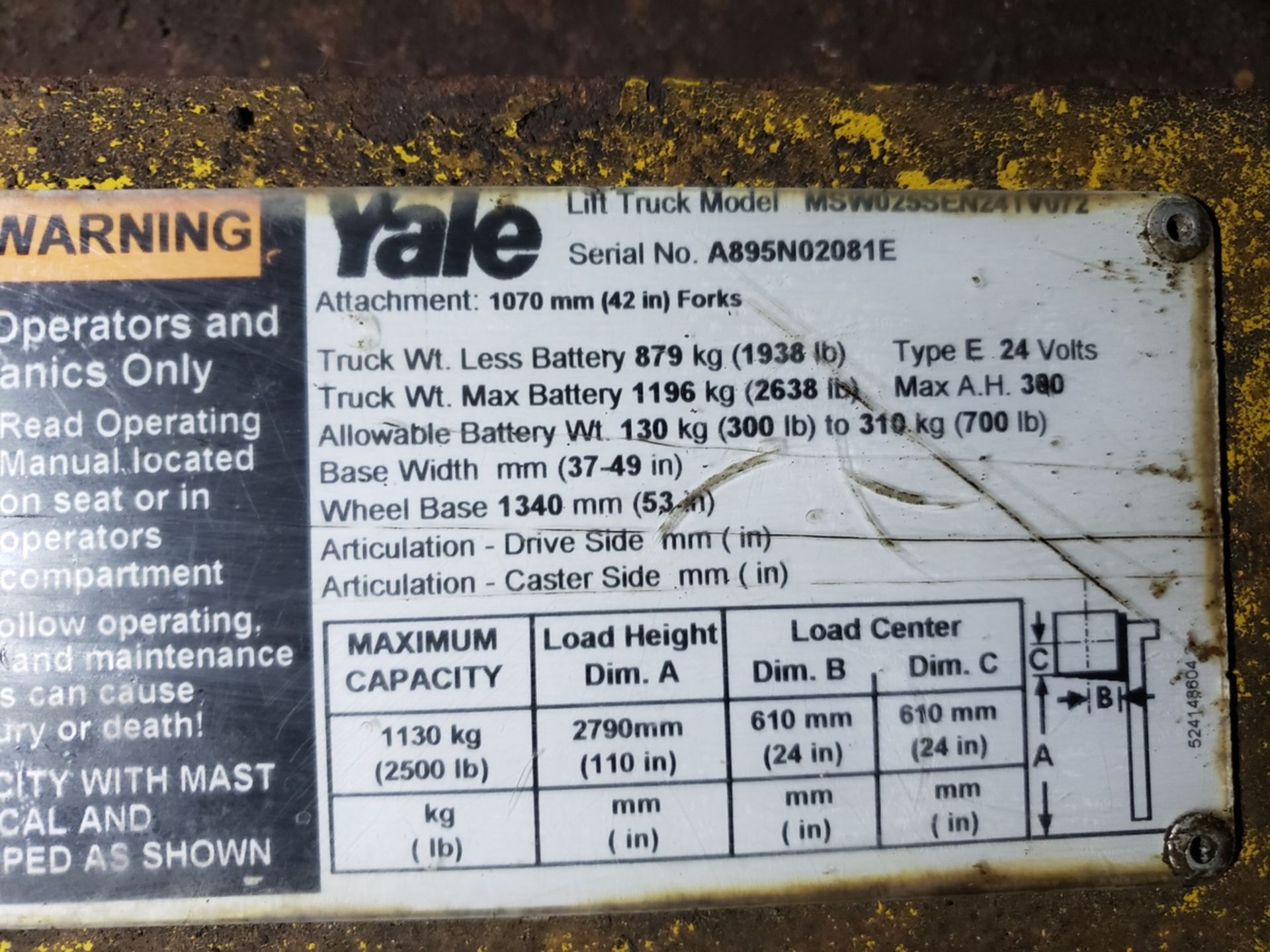 Yale Electric Pallet Jack, 2500 lbs. Cap., 24 Volt, M# MSW025SEN24TVU72, S/N A89 | Rig Fee: $75 - Image 2 of 2