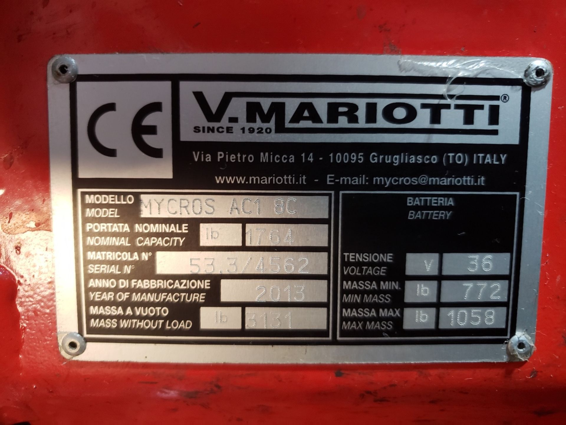 V.Mariotti Forklift, 1700 Lbs. Cap. , M# MYCROS AC1 8C, S/N 53.3/4562 | Rig Fee: $150 - Image 2 of 2