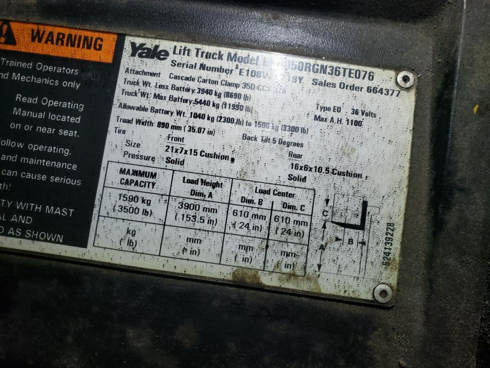 Yale 5,000 lb. Forklift, M# ERC050RGN36TE076, S/N E108V05219Y | Rig Fee: $150 - Image 2 of 2