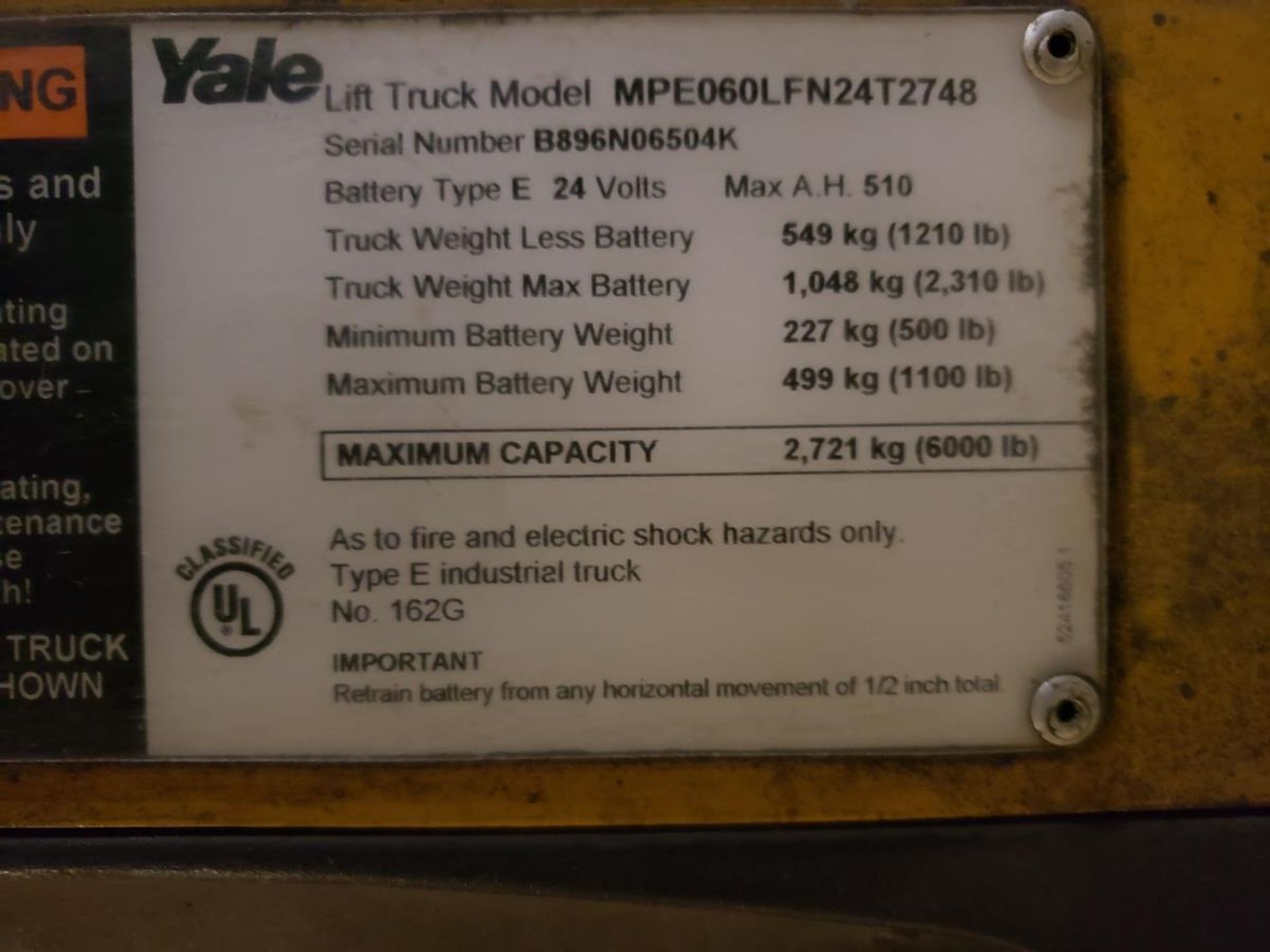 Yale Electric Pallet Jack, 6000 lbs. Cap, M# MPE060LFN24T2748, S/N B896N06504K | Rig Fee: $150 - Image 2 of 2