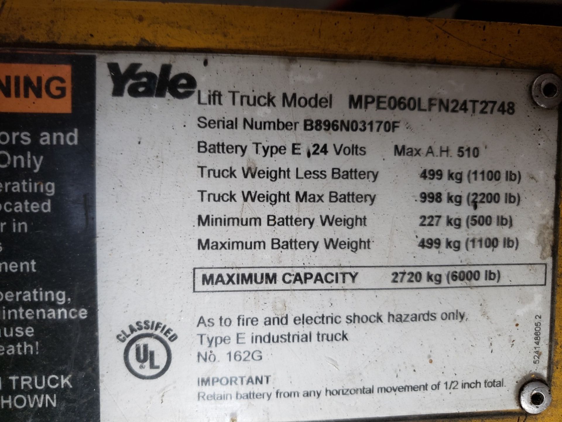 Yale Electric Pallet Jack, 24 Volt, M# MPE060LFN24T2748, S/N B896N03170F | Rig Fee: $100 - Image 2 of 2