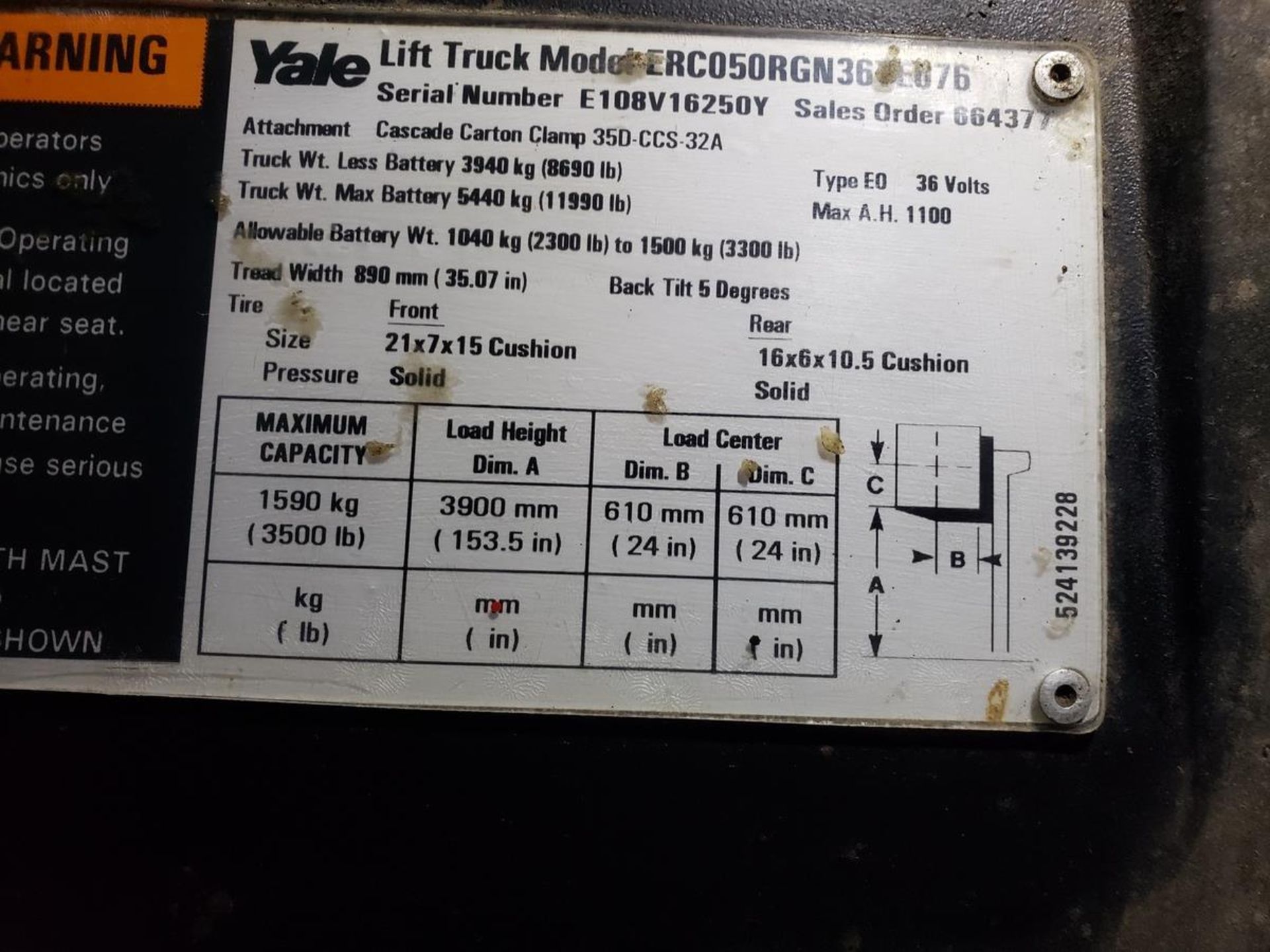 Yale Electric Forklift, 36 Volt, 3500 lbs. Cap., S/N E108V16250Y | Rig Fee: $100 - Image 2 of 2