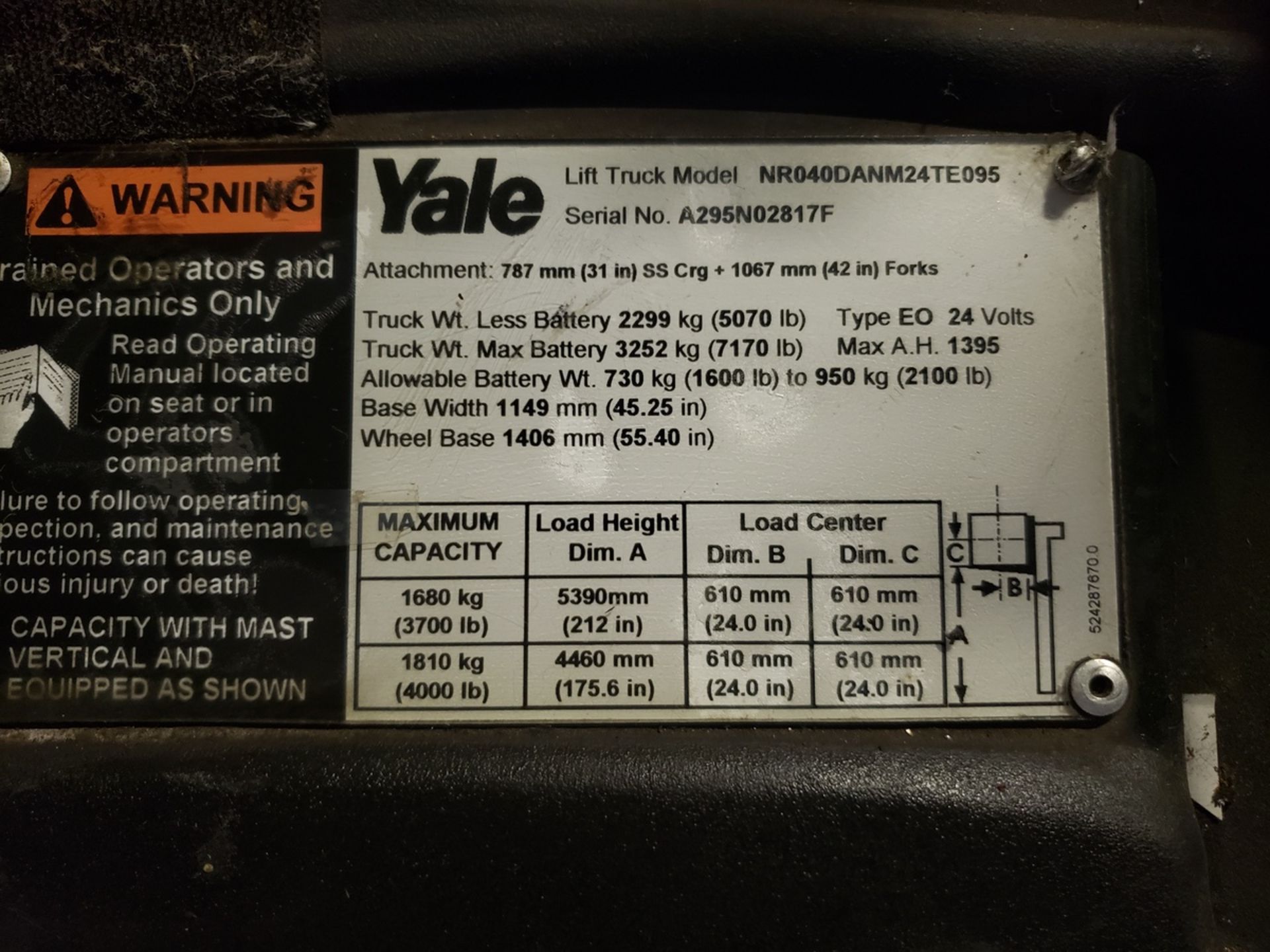 Yale 4,000 lb. Reach Lift, M# NR040DANM24TE095, S/N A295N02817F | Rig Fee: $600 - Image 2 of 2