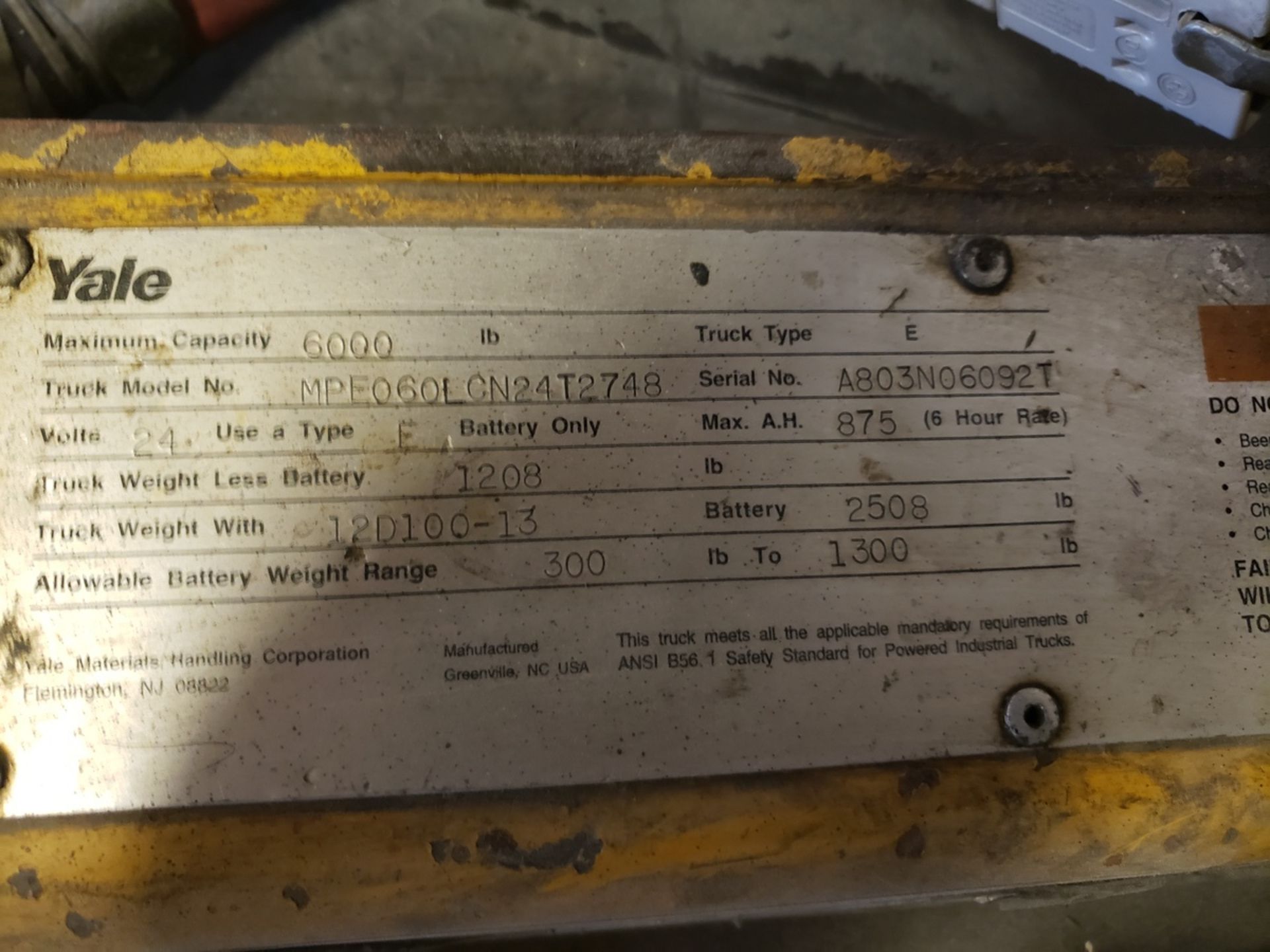 Yale Electric Pallet Jack, Cap. 6000 lbs., M# MPE060LCN24T2748, S/N A803N06092T | Rig Fee: $150 - Image 2 of 2