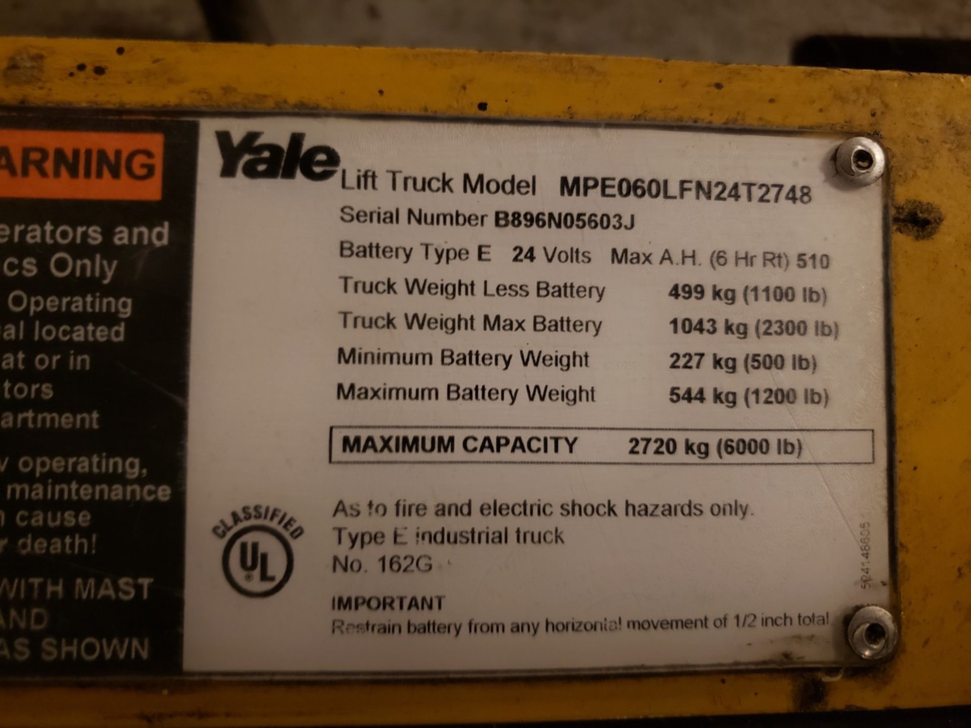 Yale Electric Pallet Jack, Cap. 6000 lbs., M# MPE060LFN24T2748, S/N B896N05603J | Rig Fee: $150 - Image 2 of 2