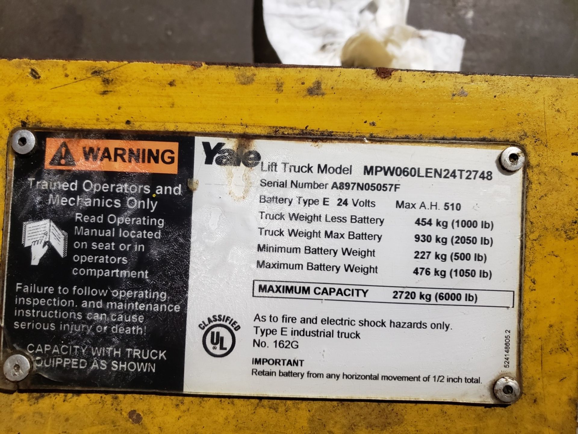 Yale Electric Pallet Jack, 24 Volt, 6000 lbs. Cap., M# MPW060LEN24T2748, S/N A89 | Rig Fee: $75 - Image 2 of 2