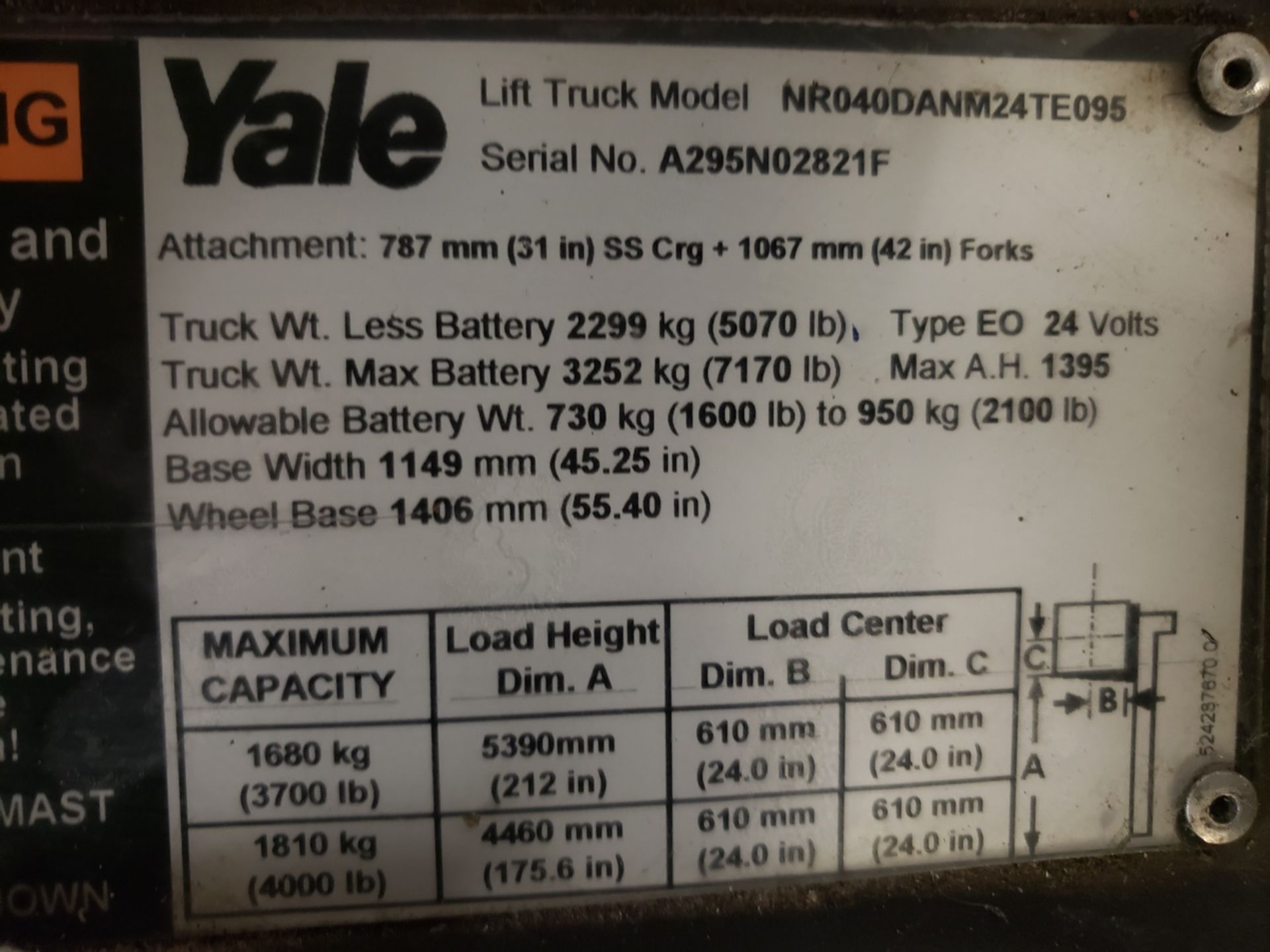 Yale 4,000 lb. Reach Lift, M# NR040DANM24TE095, S/N A295N02821F | Rig Fee: $150 - Image 2 of 2